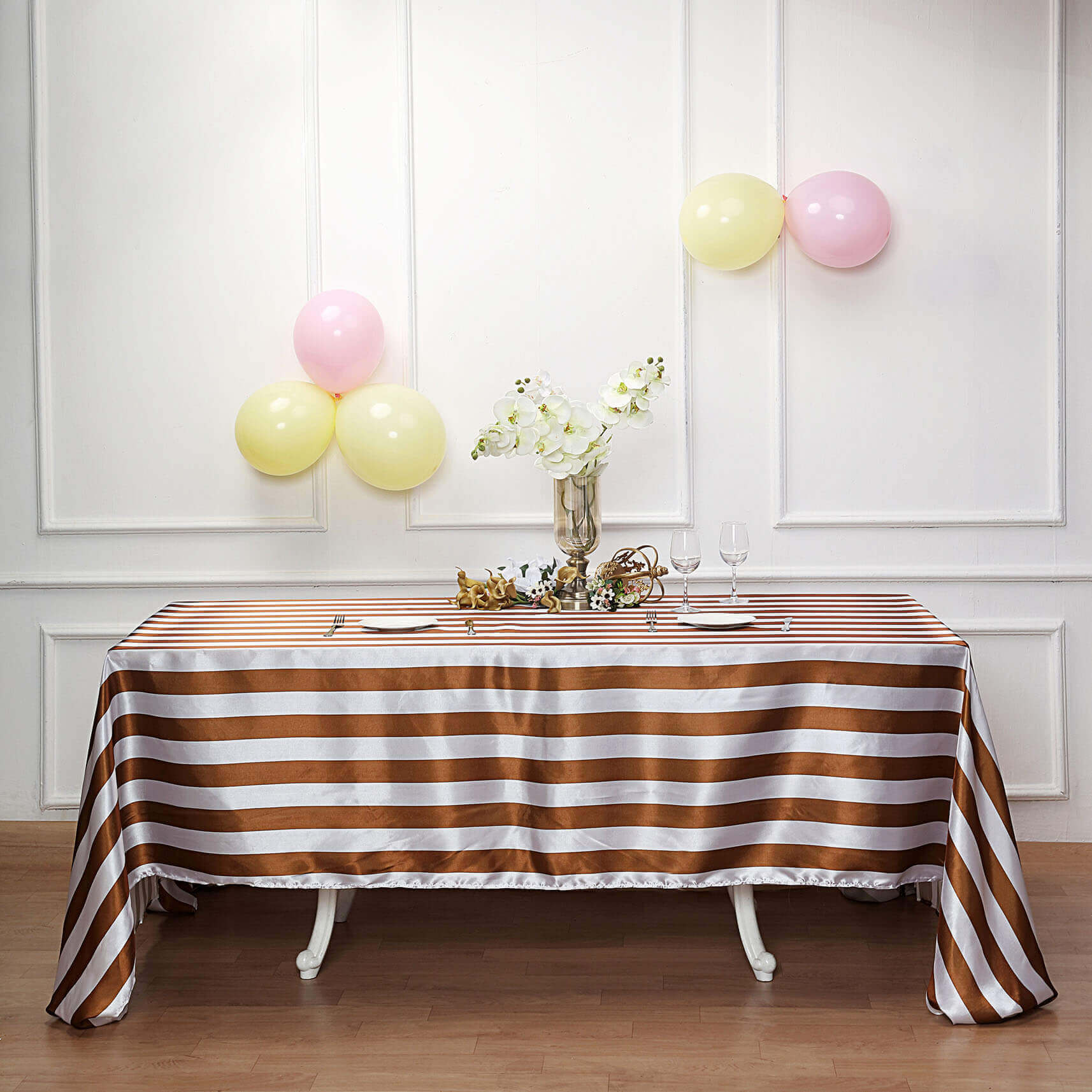 Satin 90"x156" Rectangle Tablecloth Gold/White - Stripe Design with Seamless Finish Table Cover