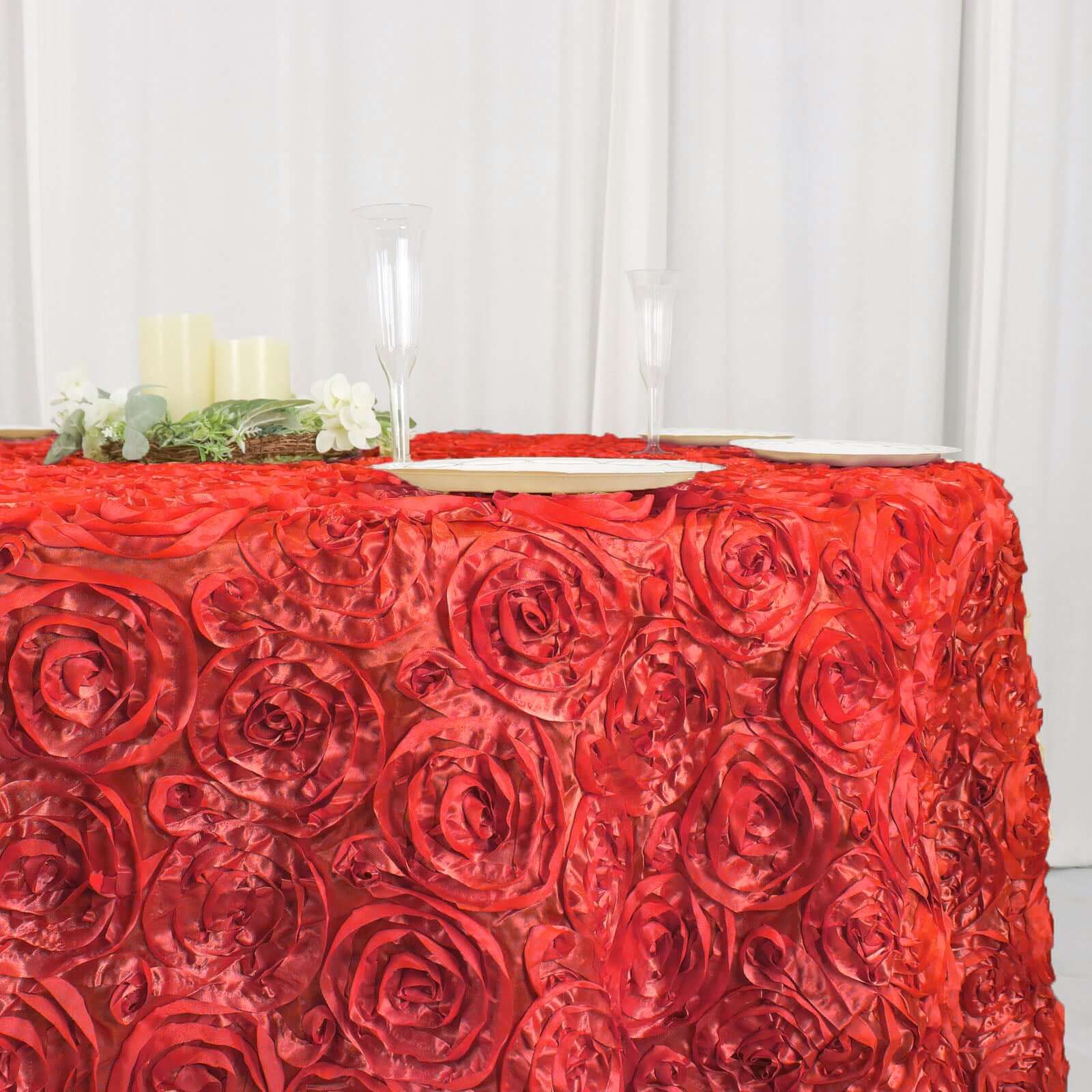 Satin 120" Round Tablecloth Red - Grandiose 3D Rosette with Seamless Finish Table Cover