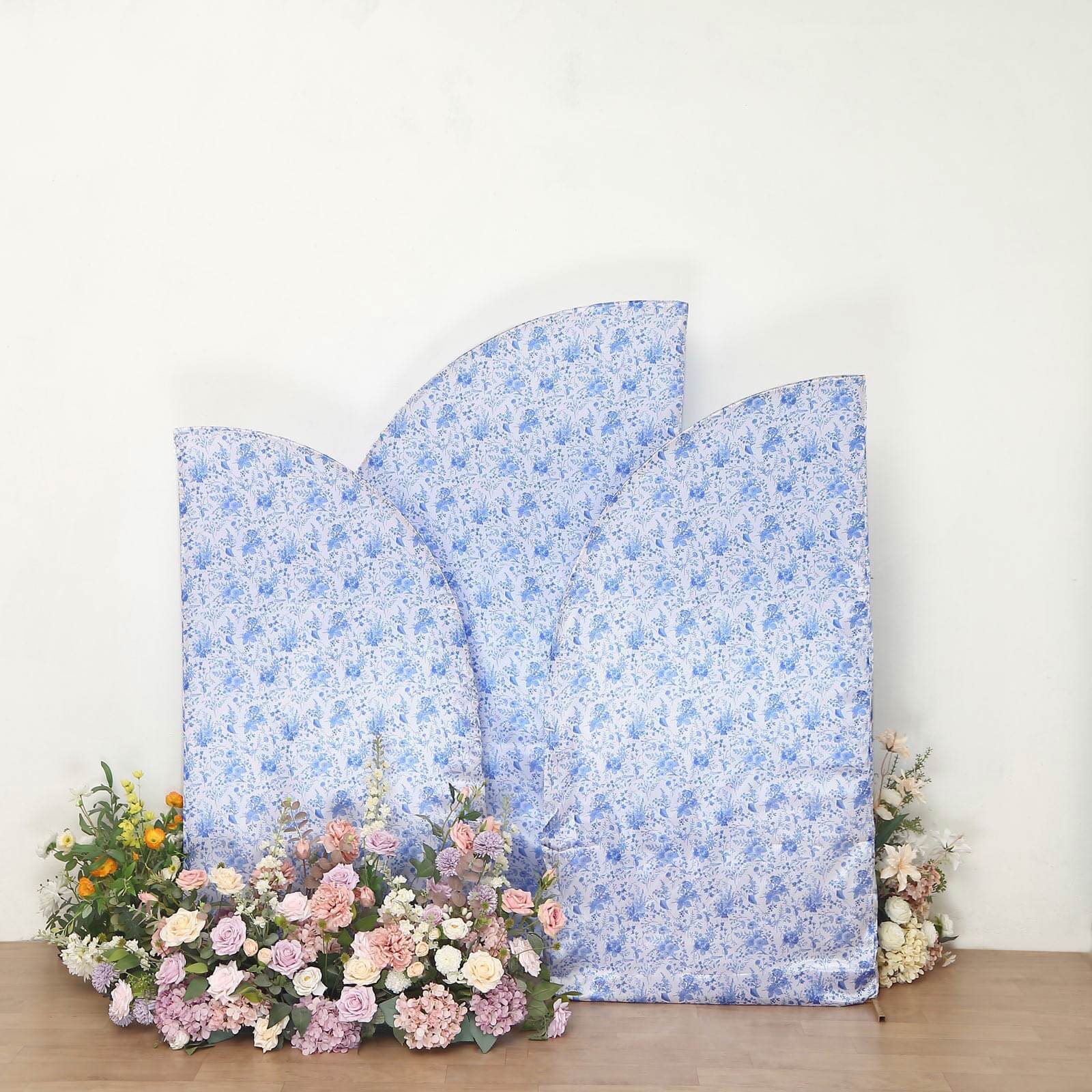 Set of 3 White Blue Satin Chiara Wedding Arch Covers in French Toile Floral Pattern, Fitted Covers For Half Moon Backdrop Stands - 5ft, 6ft, 7ft