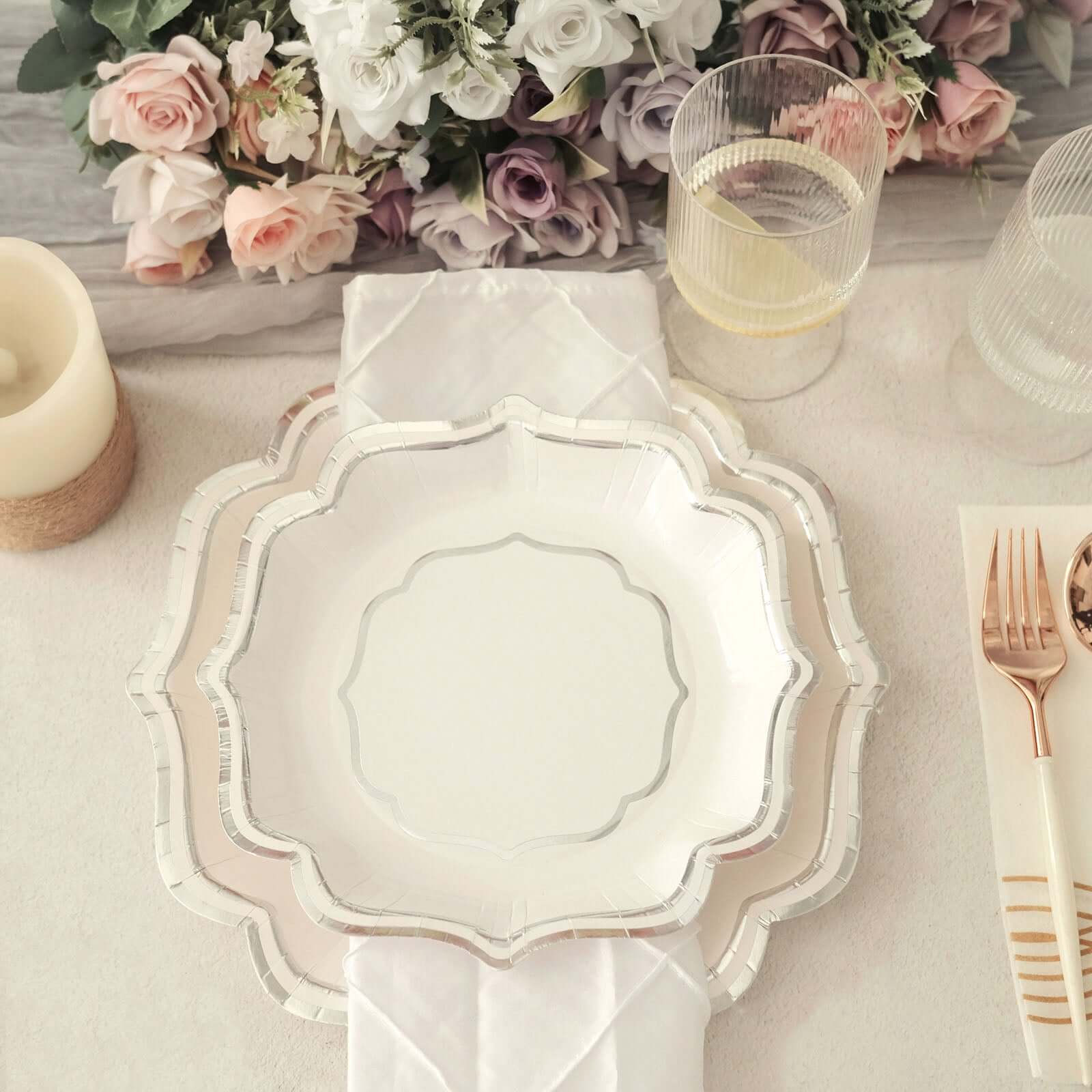 25-Pack Paper Dessert Plates in White with Silver Scallop Rim - Disposable 300GSM Appetizer Salad Plates 8"