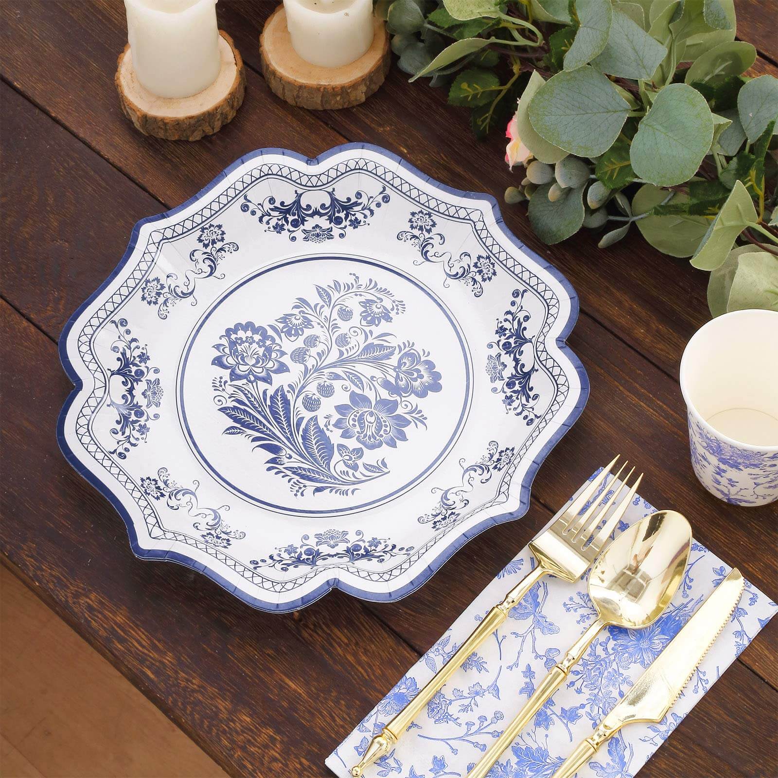 25-Pack Paper Dinner Plates in White Light Blue Damask Floral Print & Scallop Rim - Stylish Disposable 300GSM Floral Party Plates 10"
