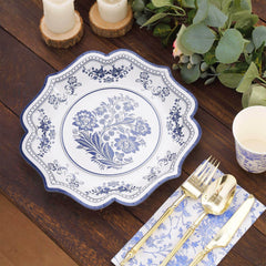 25-Pack Paper Dinner Plates in White Light Blue Damask Floral Print & Scallop Rim - Stylish Disposable 300GSM Floral Party Plates 10"