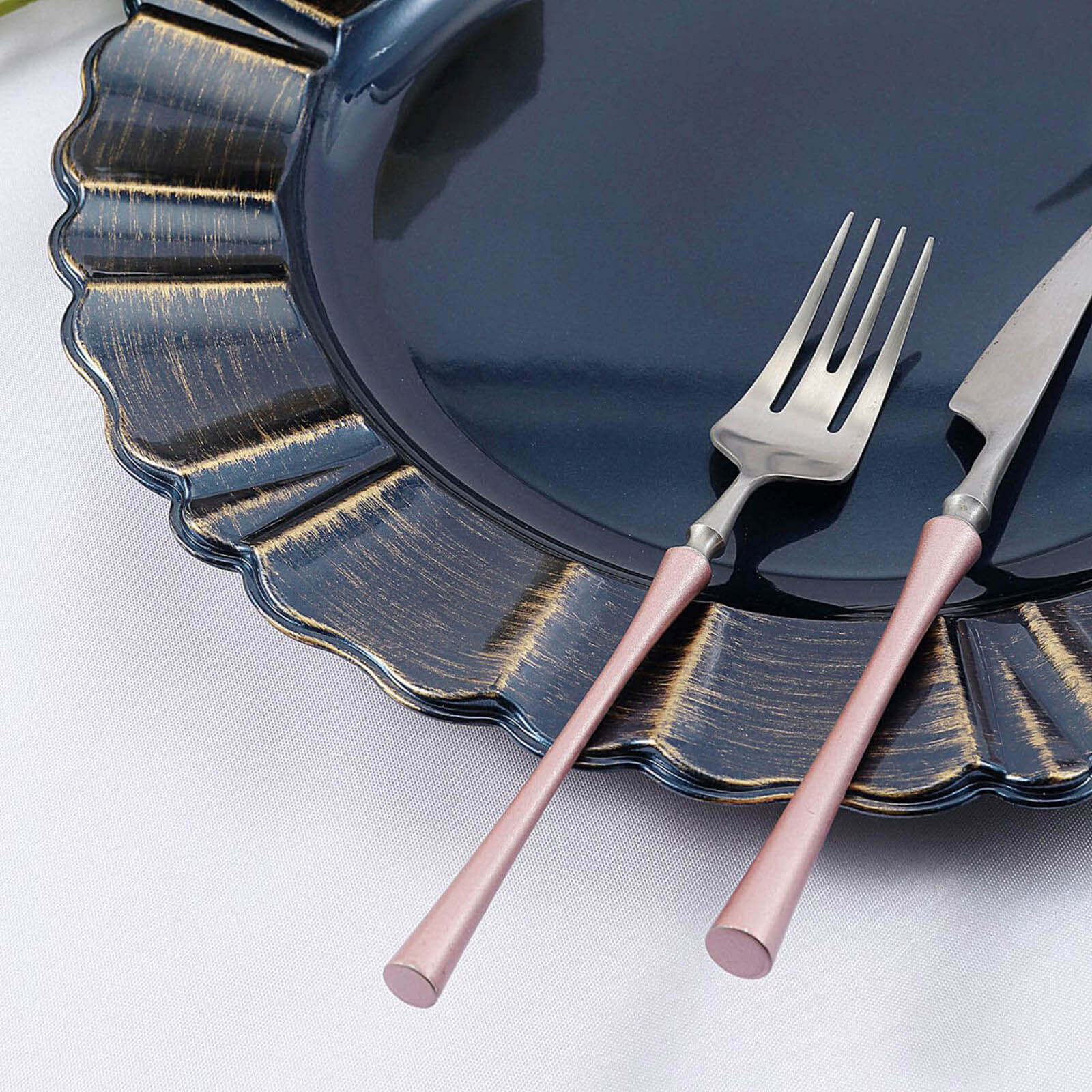 6-Pack Acrylic Plastic Round Charger Plates 13" in Navy Blue with Gold Brushed Wavy Scalloped Rim, Decorative Dinner Party Charger Tableware