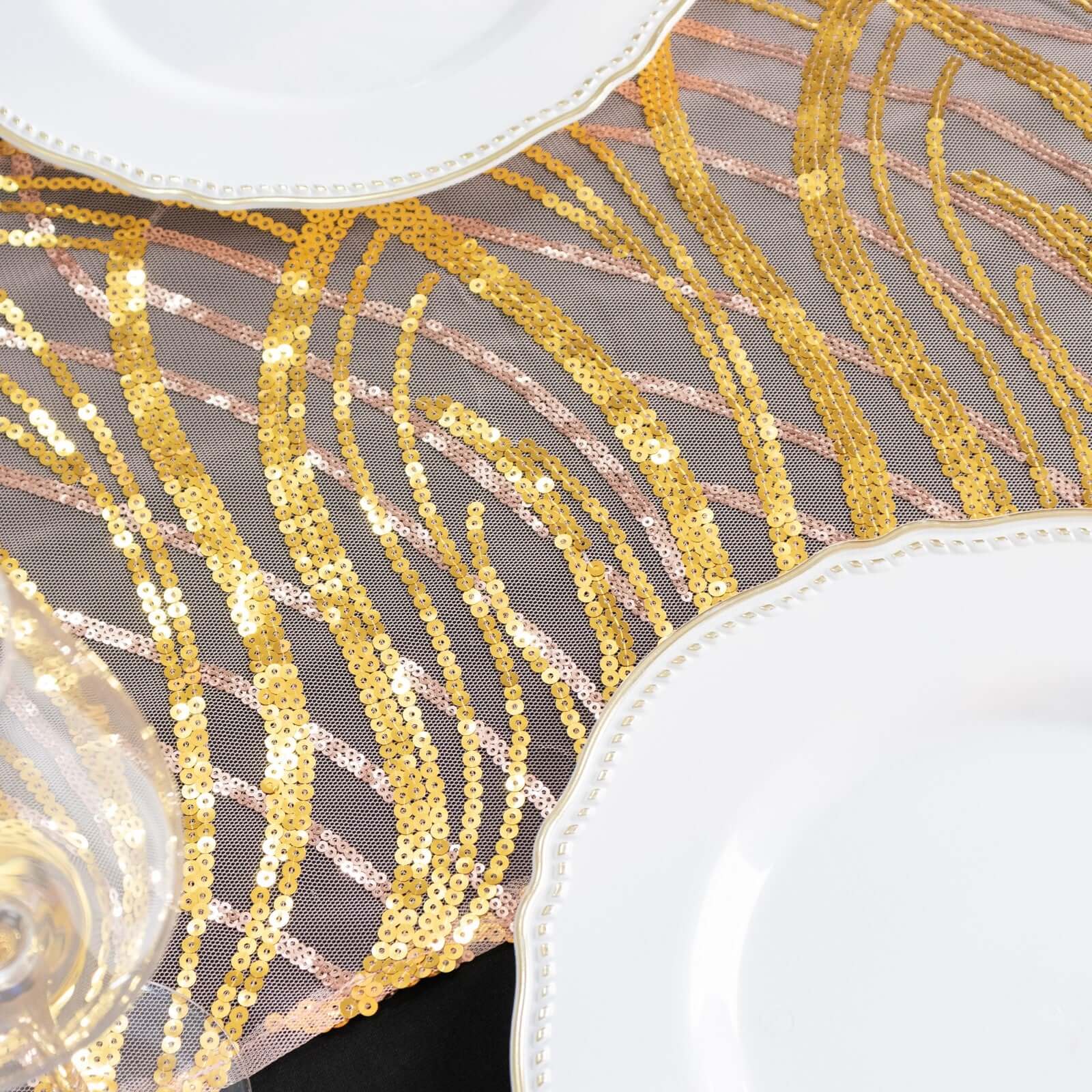 Sequin Mesh 12"x108" Table Runner Rose Gold Stylish Wave Embroidery