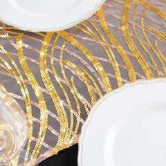 Sequin Mesh 12"x108" Table Runner Rose Gold Stylish Wave Embroidery