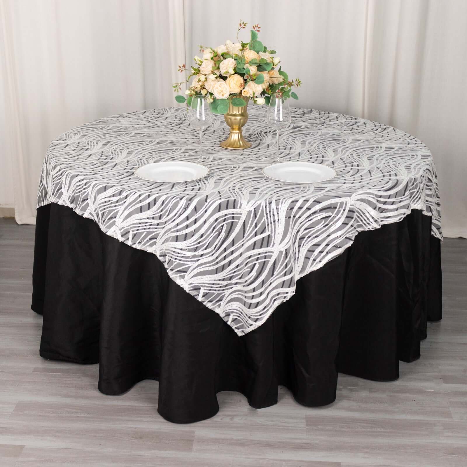 Mesh 72"x72" Table Overlay Square Tablecloth White Black - Wave Embroidered Sequins Table Topper
