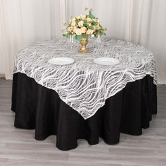 Mesh 72"x72" Table Overlay Square Tablecloth White Black - Wave Embroidered Sequins Table Topper