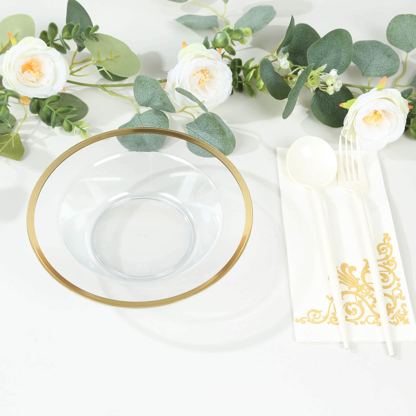 20-Pack Plastic Dessert Serving Bowls Clear Round Design with Gold Rim - Disposable Salad Soup Bowls 12oz
