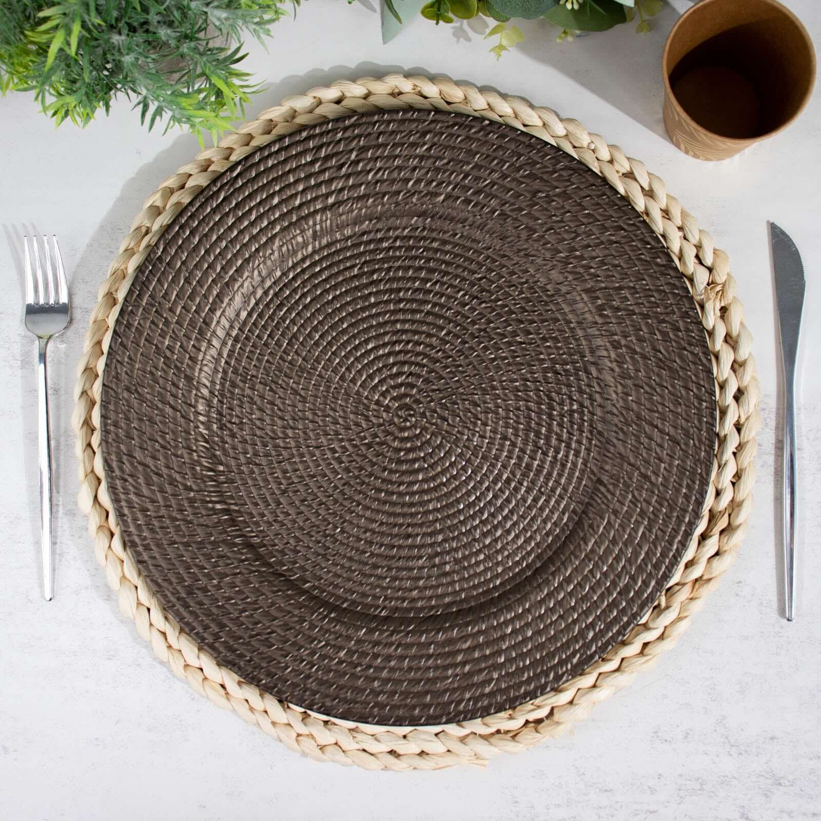 6-Pack Acrylic Round Charger Plates 13" in Natural Brown with Rattan-Like Design, Farmhouse Disposable Plastic Charger Tableware