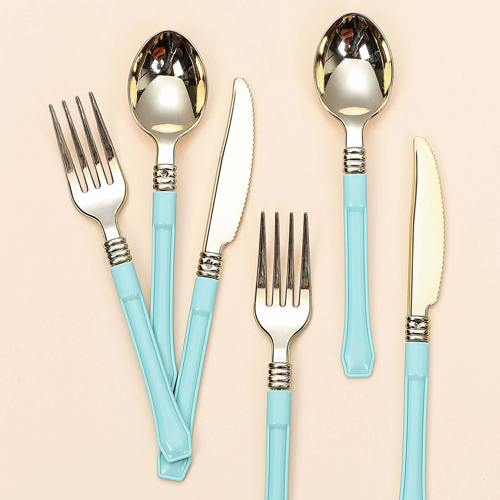 24-Pack Plastic Forks Gold with Light Blue Handles - Durable Food Safe Disposable Silverware for Lunch Buffets & Catering Services 7"
