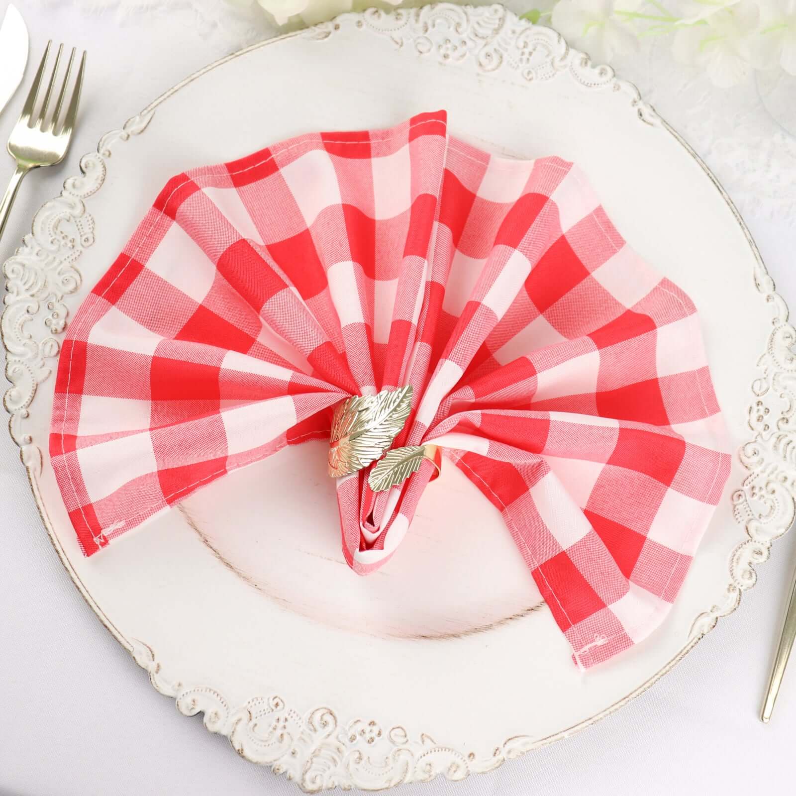 5 Pack Polyester 15"x15" Napkins Red/White Buffalo Plaid Gingham Style Cloth Napkins