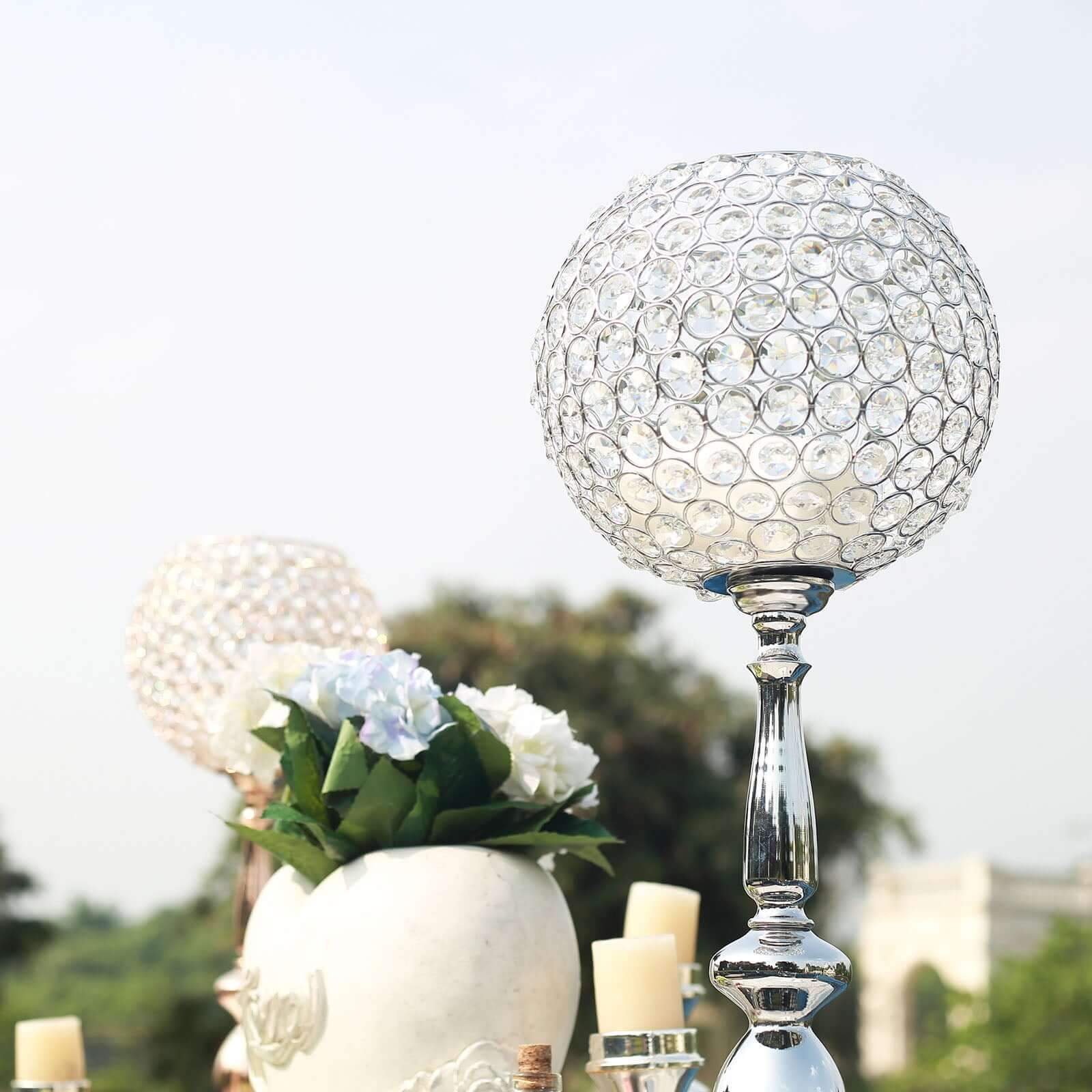 Acrylic Crystal Beaded Goblet Candle Holder Silver - Exquisite Flower Ball Centerpiece Stand for High-End Event Styling 30"