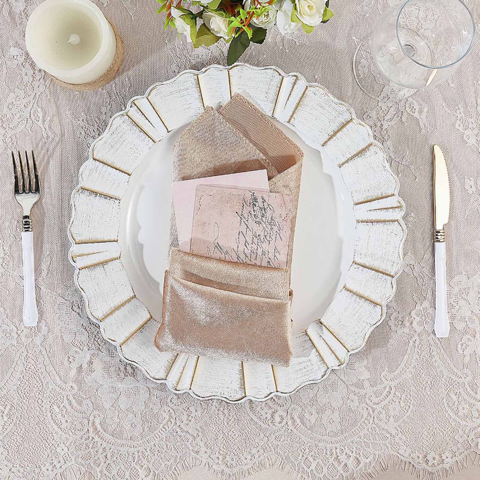 6-Pack Acrylic Plastic Round Charger Plates 13" in White with Gold Brushed Wavy Scalloped Rim, Decorative Dinner Party Charger Tableware
