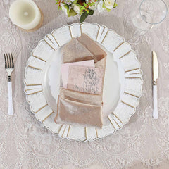 6-Pack Acrylic Plastic Round Charger Plates 13" in White with Gold Brushed Wavy Scalloped Rim, Decorative Dinner Party Charger Tableware