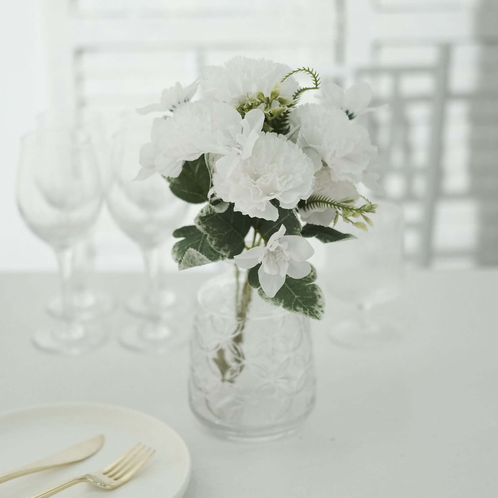 3 Pack 14" White Artificial Silk Carnation Flower Arrangements, Faux Floral Bouquets Bushes