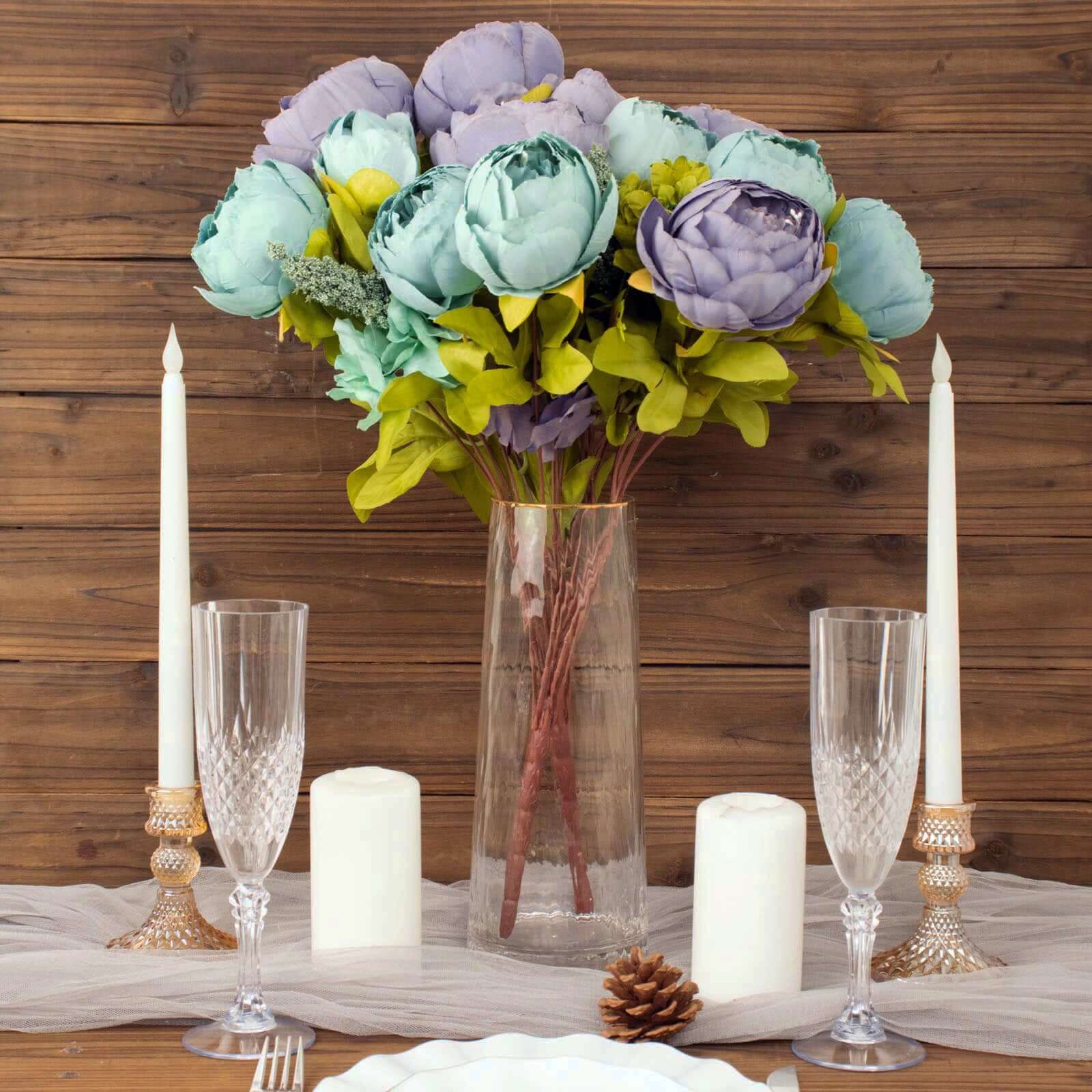 2 Pack 19" Dusty Blue Artificial Peony Flower Wedding Bouquets, Faux Silk Flower Arrangements