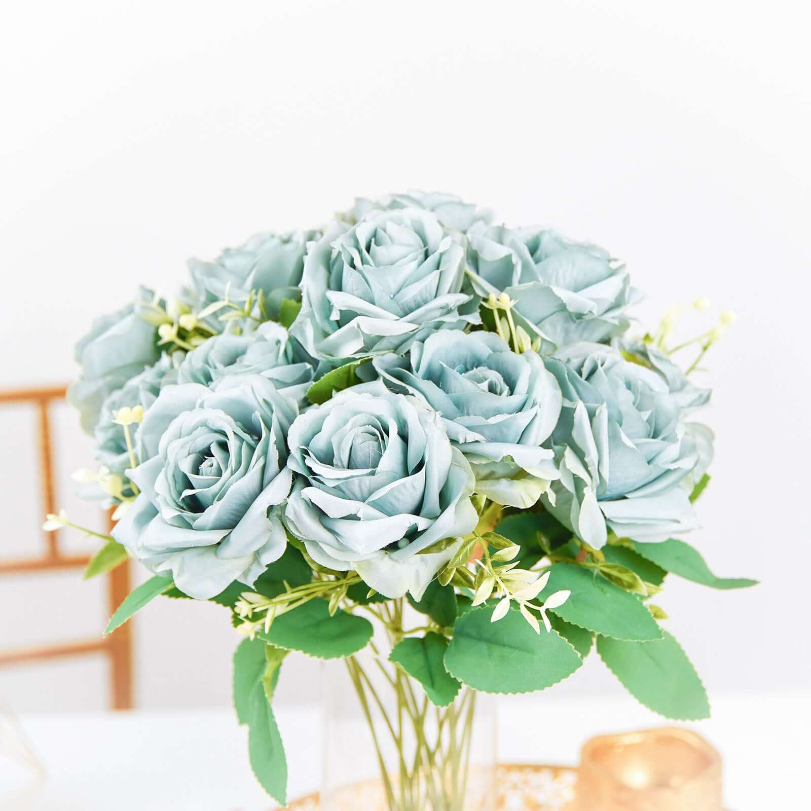 2 Bushes 18" Real Touch Light Dusty Blue Artificial Rose Flower Bouquet, Silk Long Stem Flower Arrangements