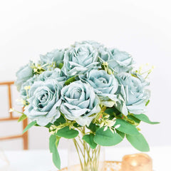 2 Bushes 18" Real Touch Light Dusty Blue Artificial Rose Flower Bouquet, Silk Long Stem Flower Arrangements