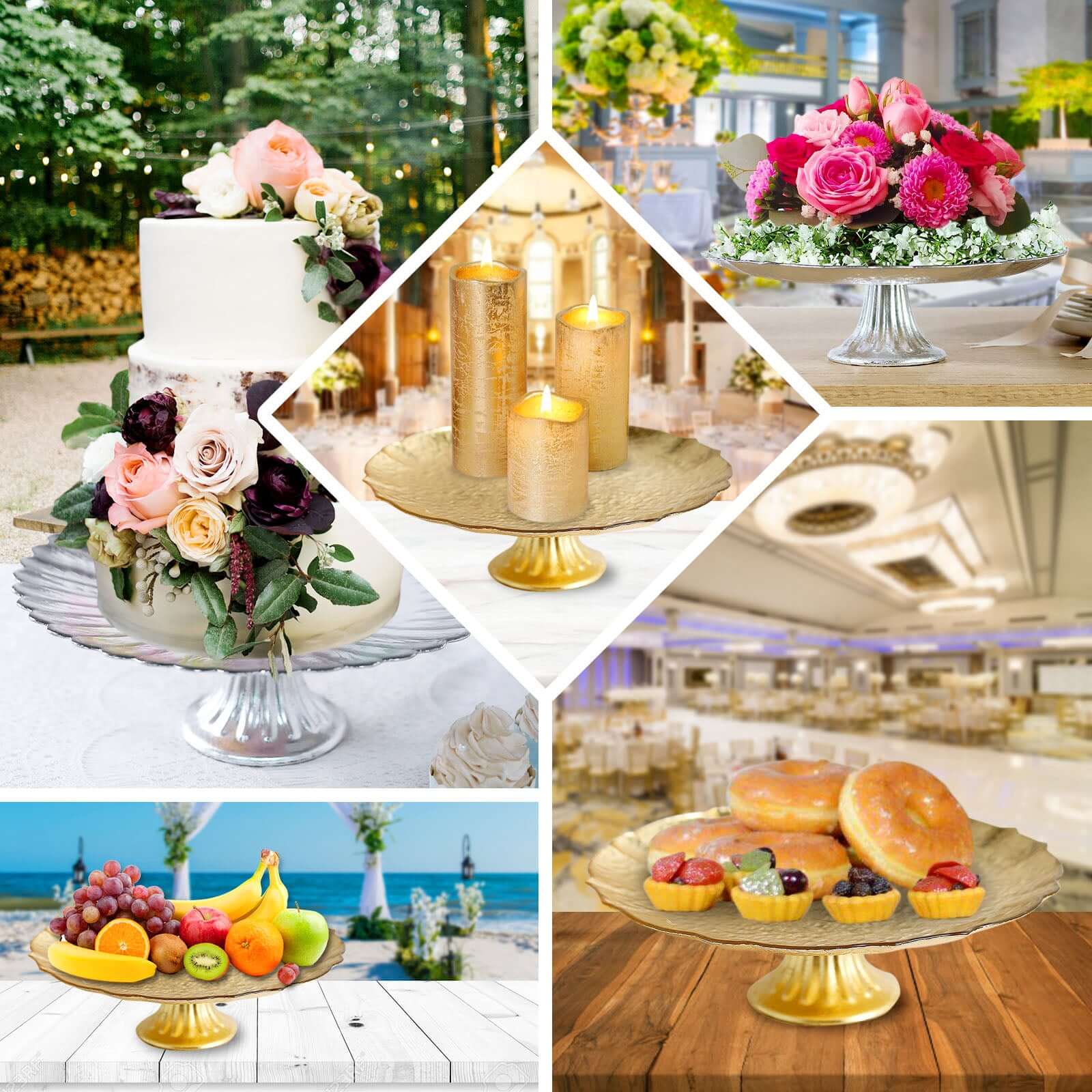 Glass Pedestal Cake Stand Scalloped Edge Design Silver - Cupcake Holder and Dessert Display Plate 14"
