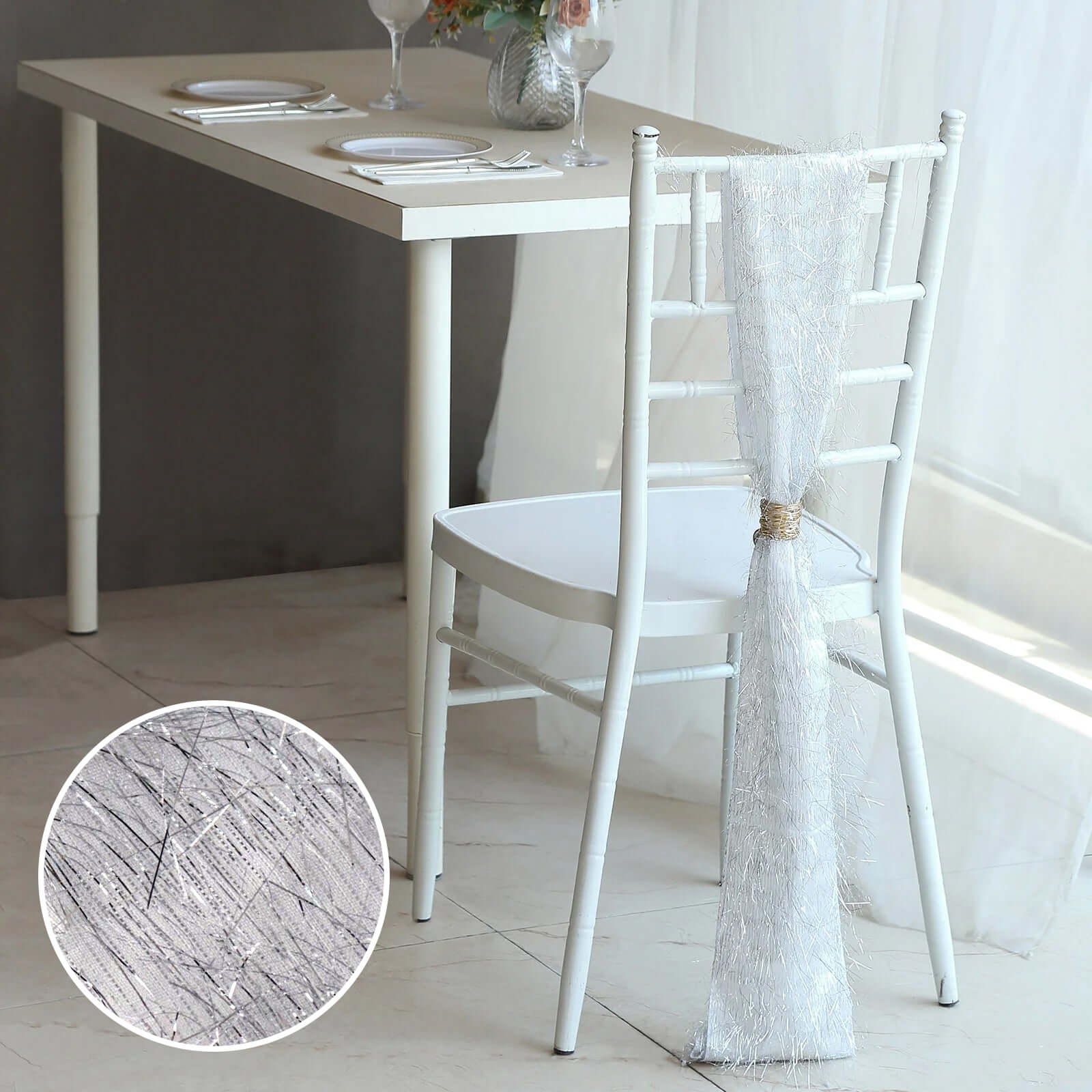 5 Pack Polyester Chair Sashes Silver Metallic Tinsel Fringe - Easy to Use Chair Bows 6"x108"
