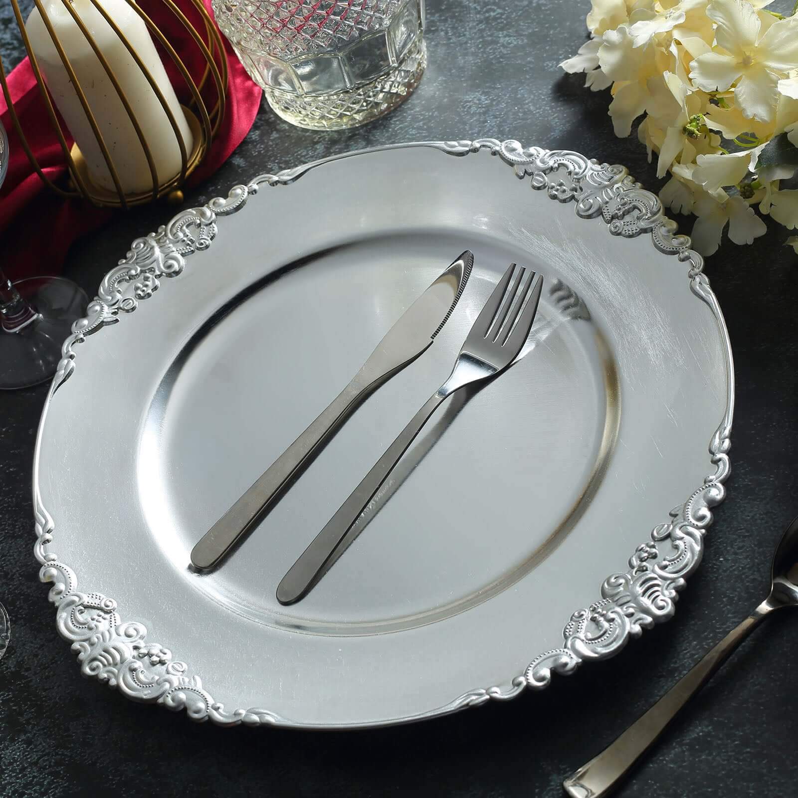 6-Pack Acrylic Round Charger Plates 13" in Silver with Embossed Baroque Rim, Antique Decorative Dinner Party Charger Tableware
