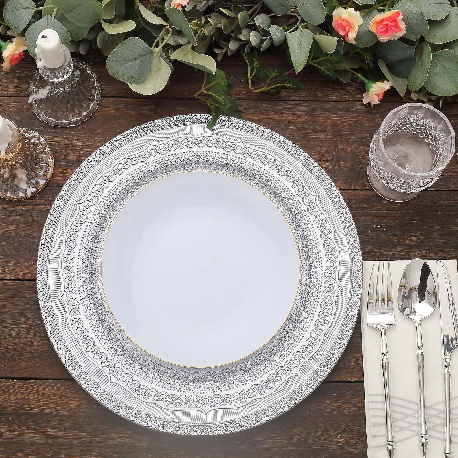 6-Pack Acrylic Round Charger Plates 13" in Silver with Lace Embossed Rim, Rustic Plastic Decorative Charger Tableware