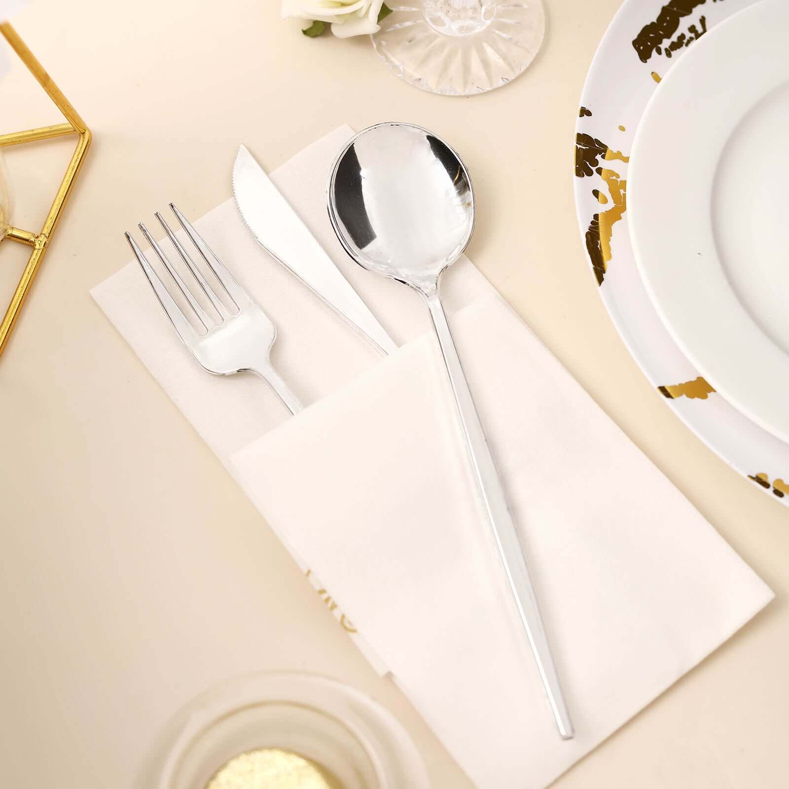 24-Pack Plastic Flatware Set with Sleek Modern Design Silver - Premium Disposable Silverware 8"