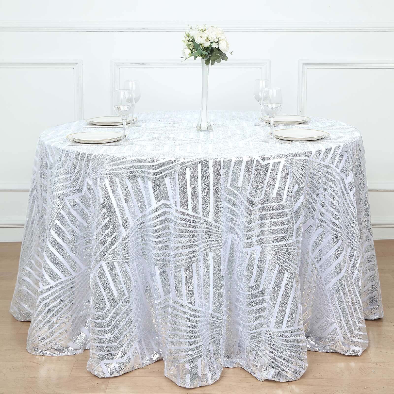 Sequin 120" Round Tablecloth Silver - Seamless Diamond Glitz Table Cover