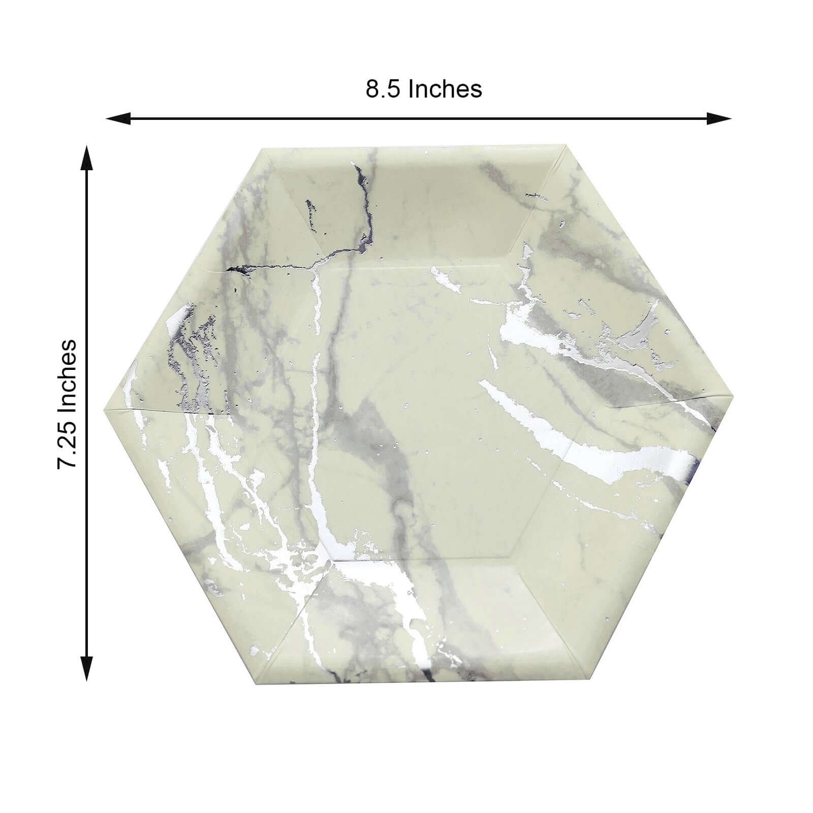 25-Pack Paper 8.5" Hexagon Dessert Plates in Ivory with Silver Marble Design - Disposable Geometric 400GSM Appetizer Salad Plates for Events & Banquets