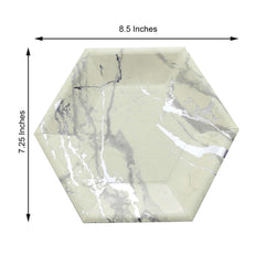 25-Pack Paper 8.5" Hexagon Dessert Plates in Ivory with Silver Marble Design - Disposable Geometric 400GSM Appetizer Salad Plates for Events & Banquets