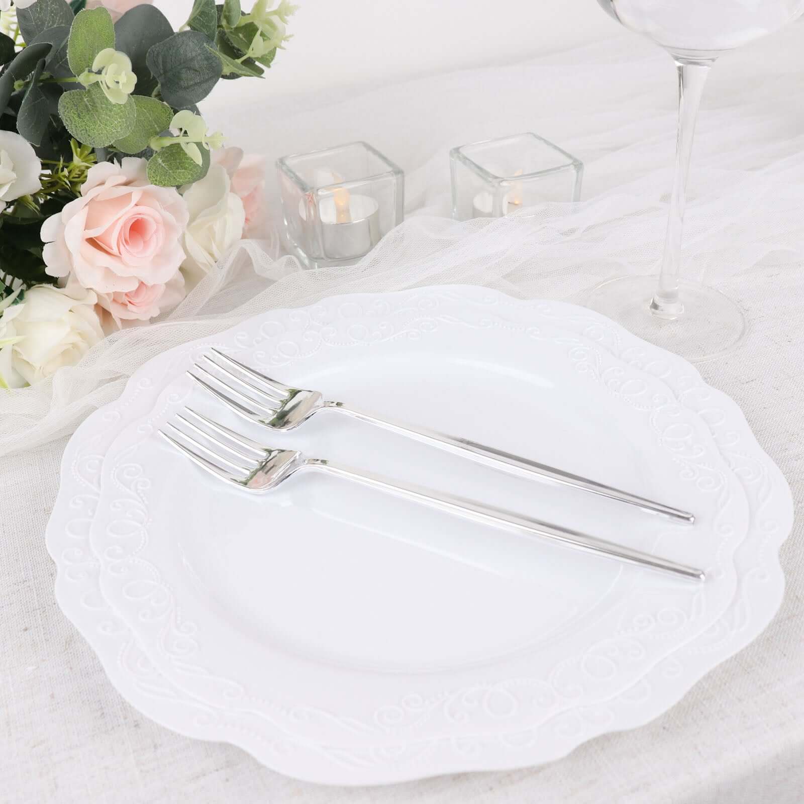 24 Pack 8" Glossy Silver Heavy Duty Plastic Silverware Forks, Shiny Cutlery, Premium Disposable Flatware
