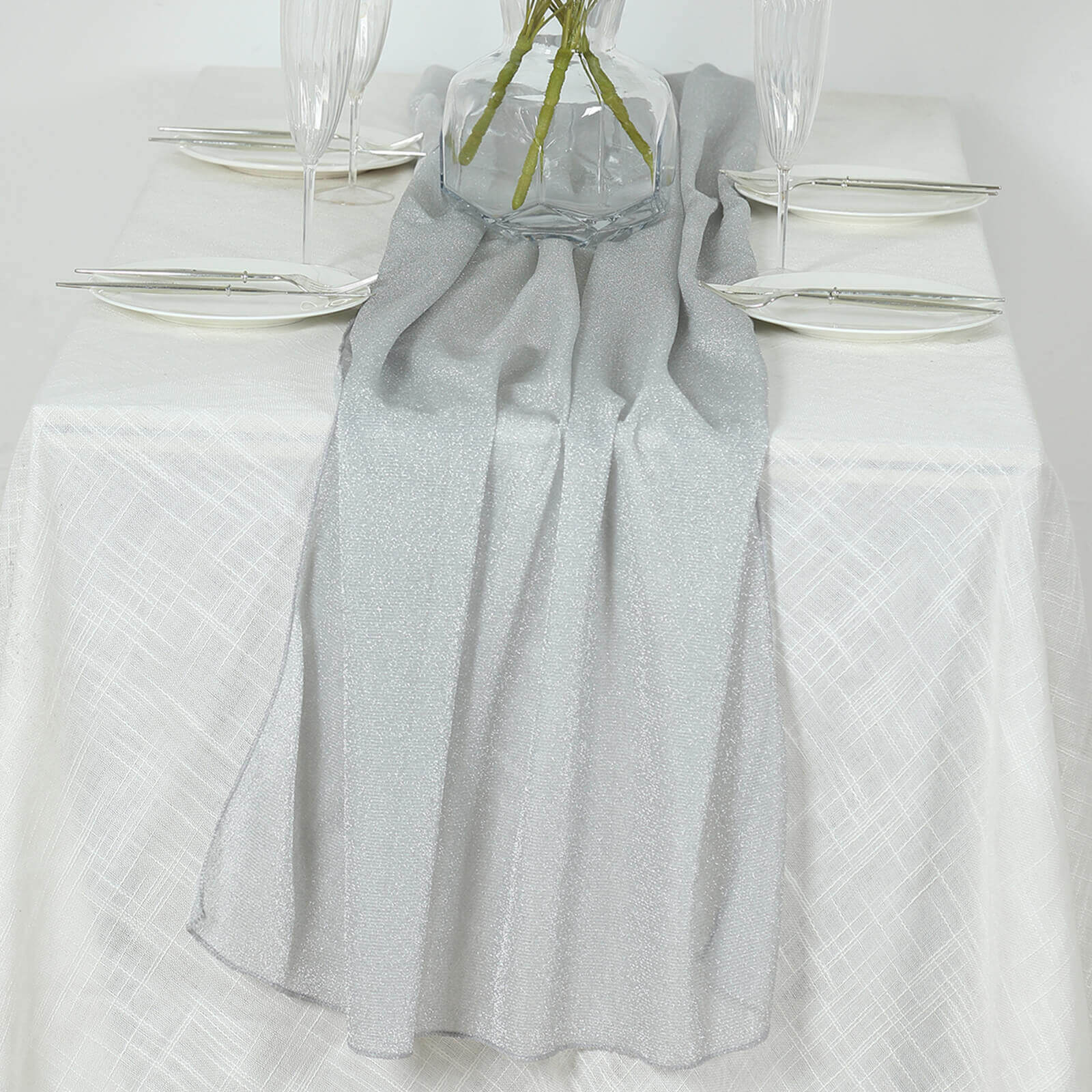 Glitter Gauze 27"x120" Table Runner Silver - Sparkling Reusable Sheer Table Linen