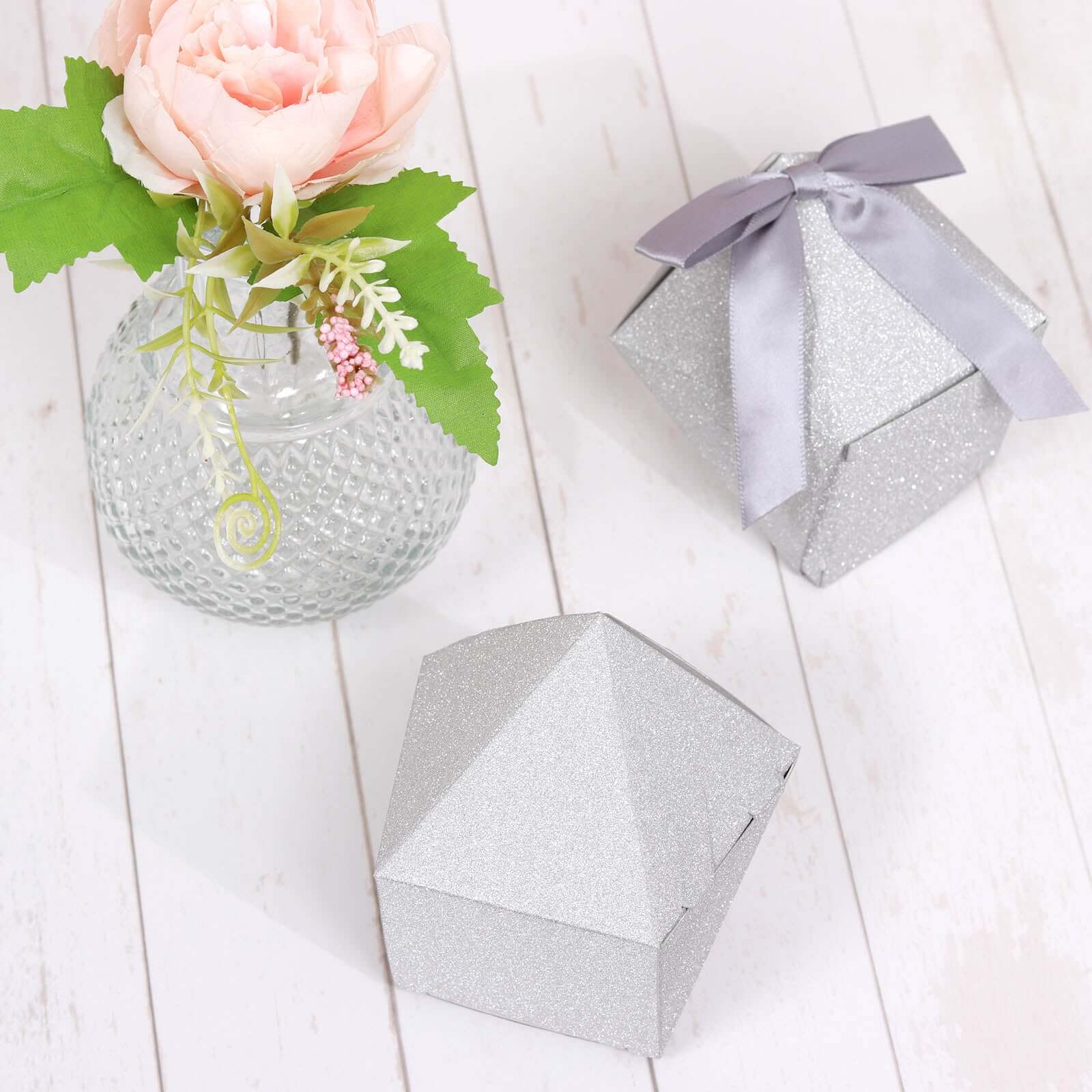 25 Pack 3"x4" DIY Silver Glittered Geometric Wedding Favor Gift Box