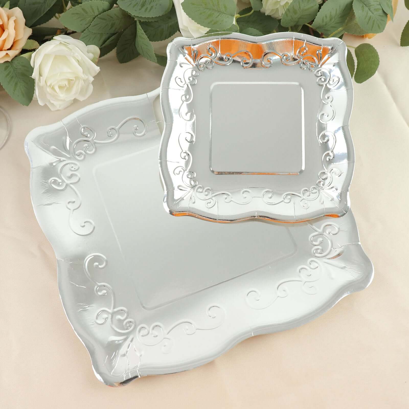 25-Pack Paper 7" Square Dessert Plates in Silver with Vintage Pottery Embossed Design - Shiny Metallic Disposable Appetizer Plates