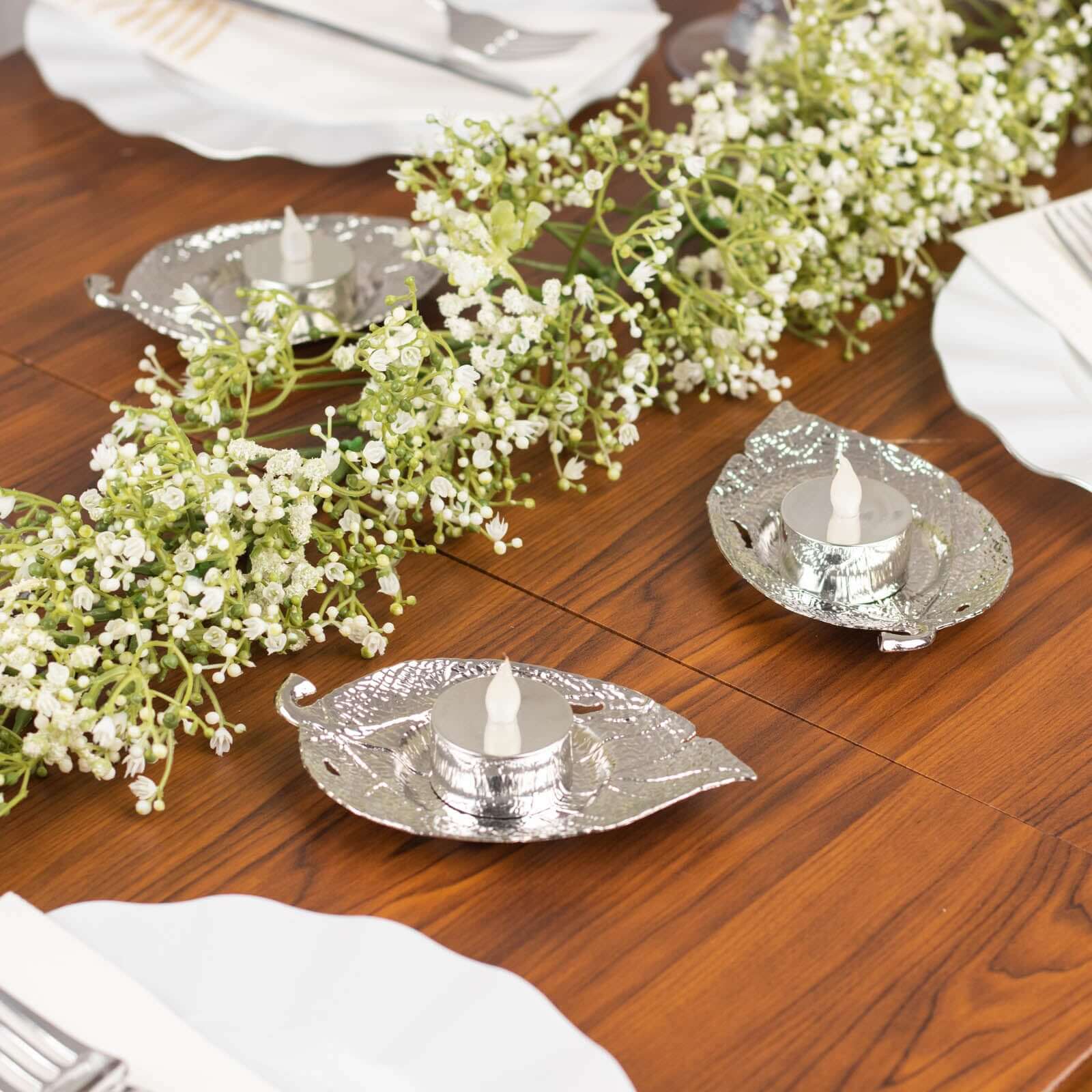 3-Pack Metal Votive Candle Holders Maple Leaf Design Shiny Silver - Vintage Mini Tea Cup Saucers 5"