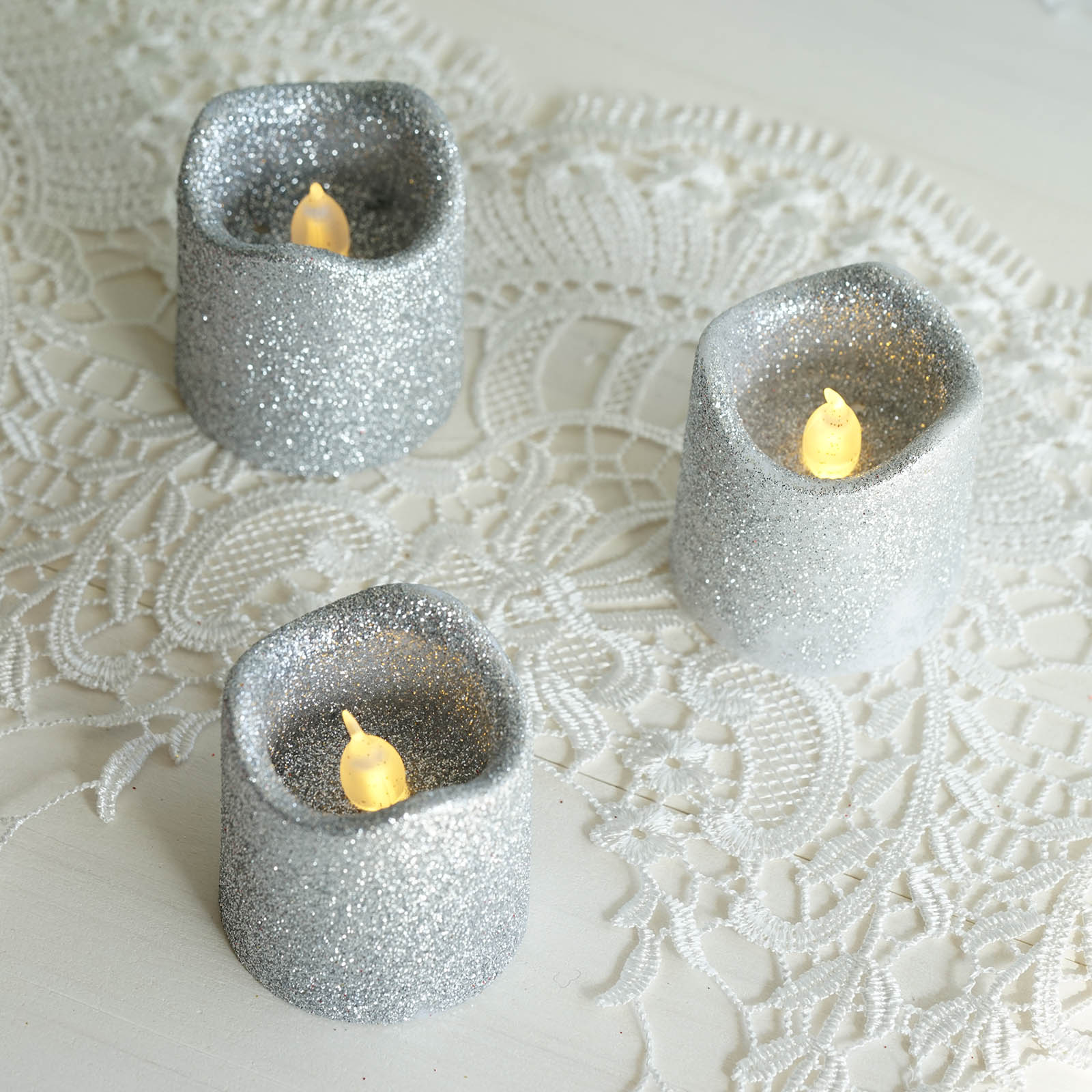 12-Pack LED Votive Candles Glittered Silver Design - Reusable Flameless Battery Operated Lights