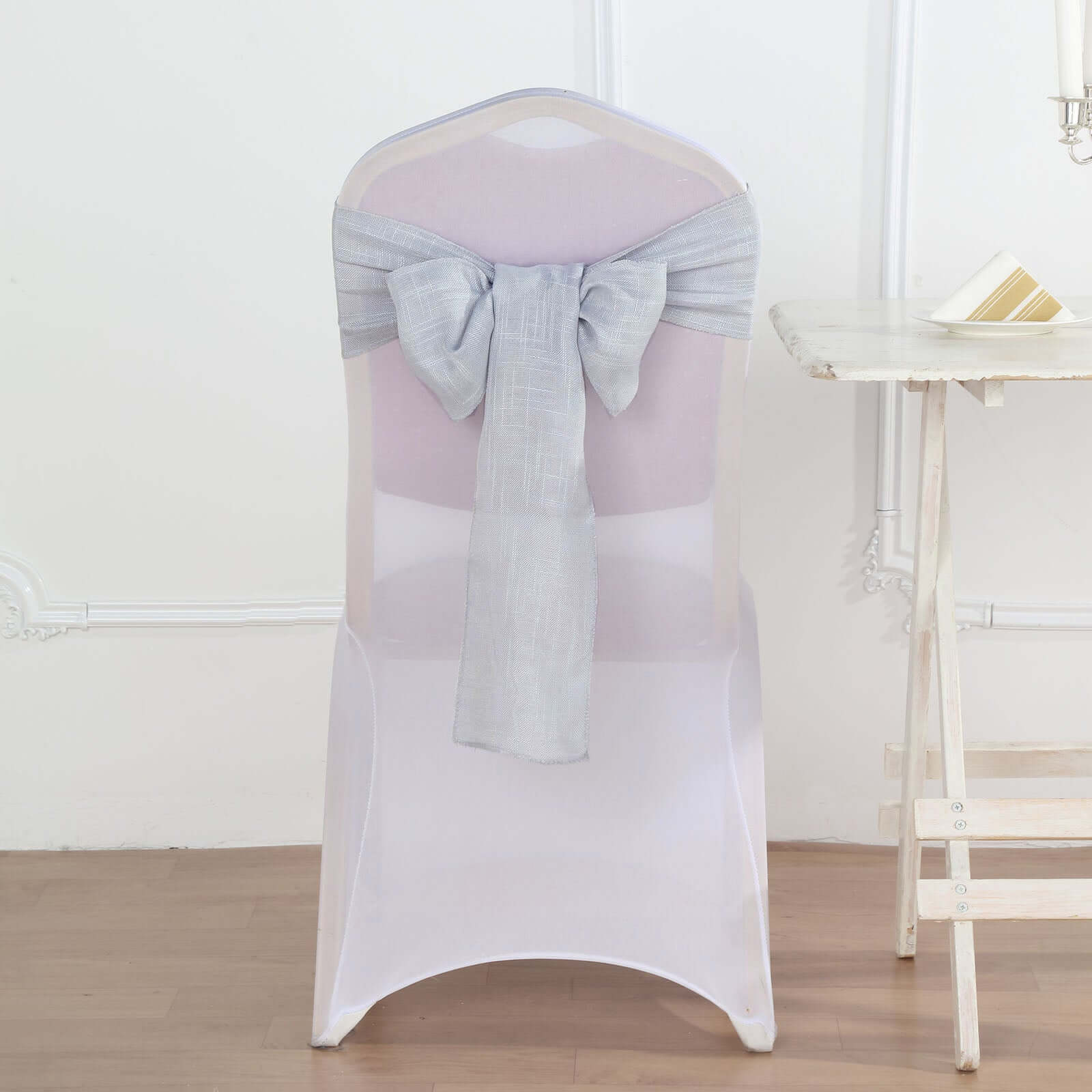 5 Pack Linen Chair Sashes 6"x108" Slubby Textured Silver - Durable Wrinkle-Resistant Decor for Weddings & Gatherings