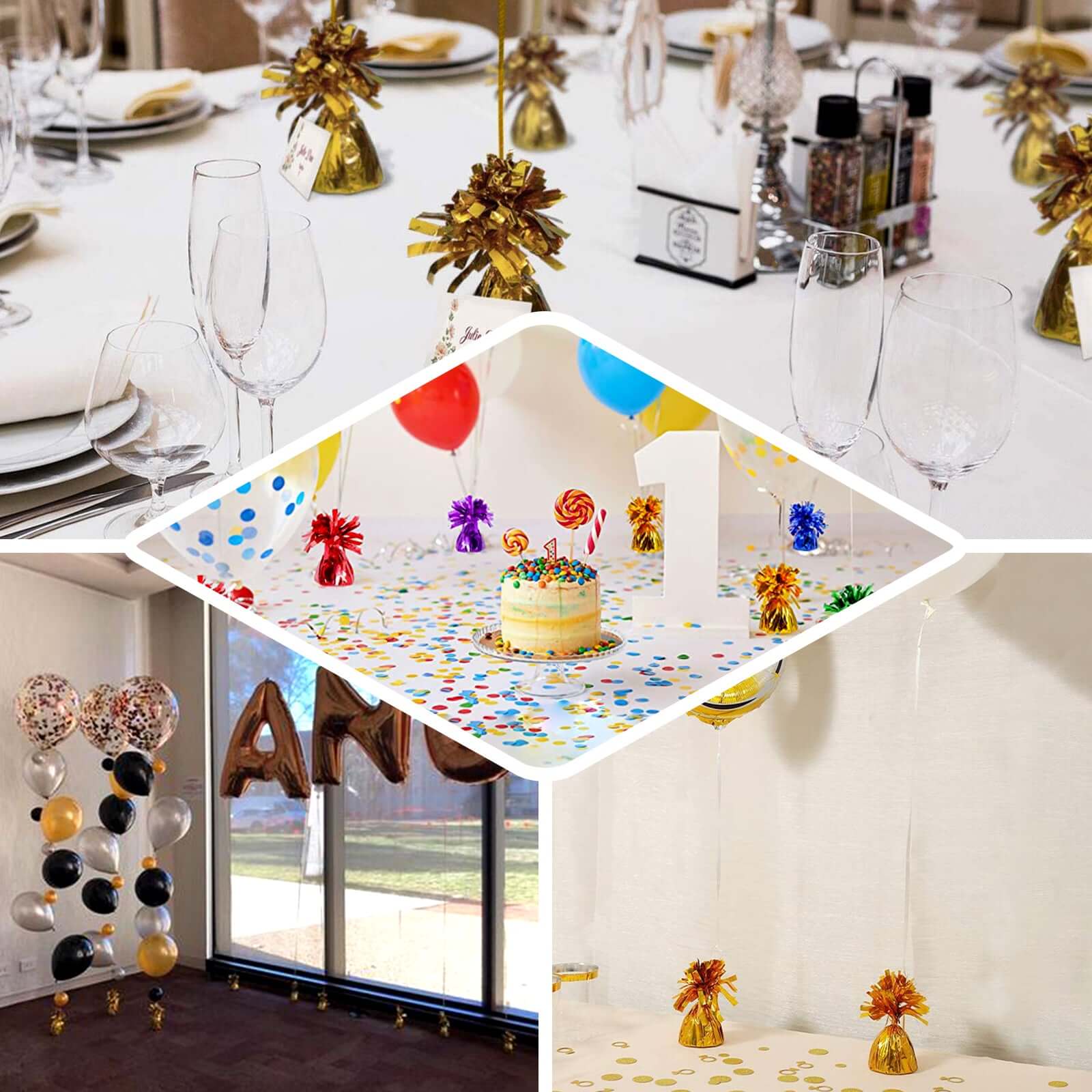 12 Pack 5" Metallic Silver Foil Tassel Top Party Balloon Weights, 5.5oz