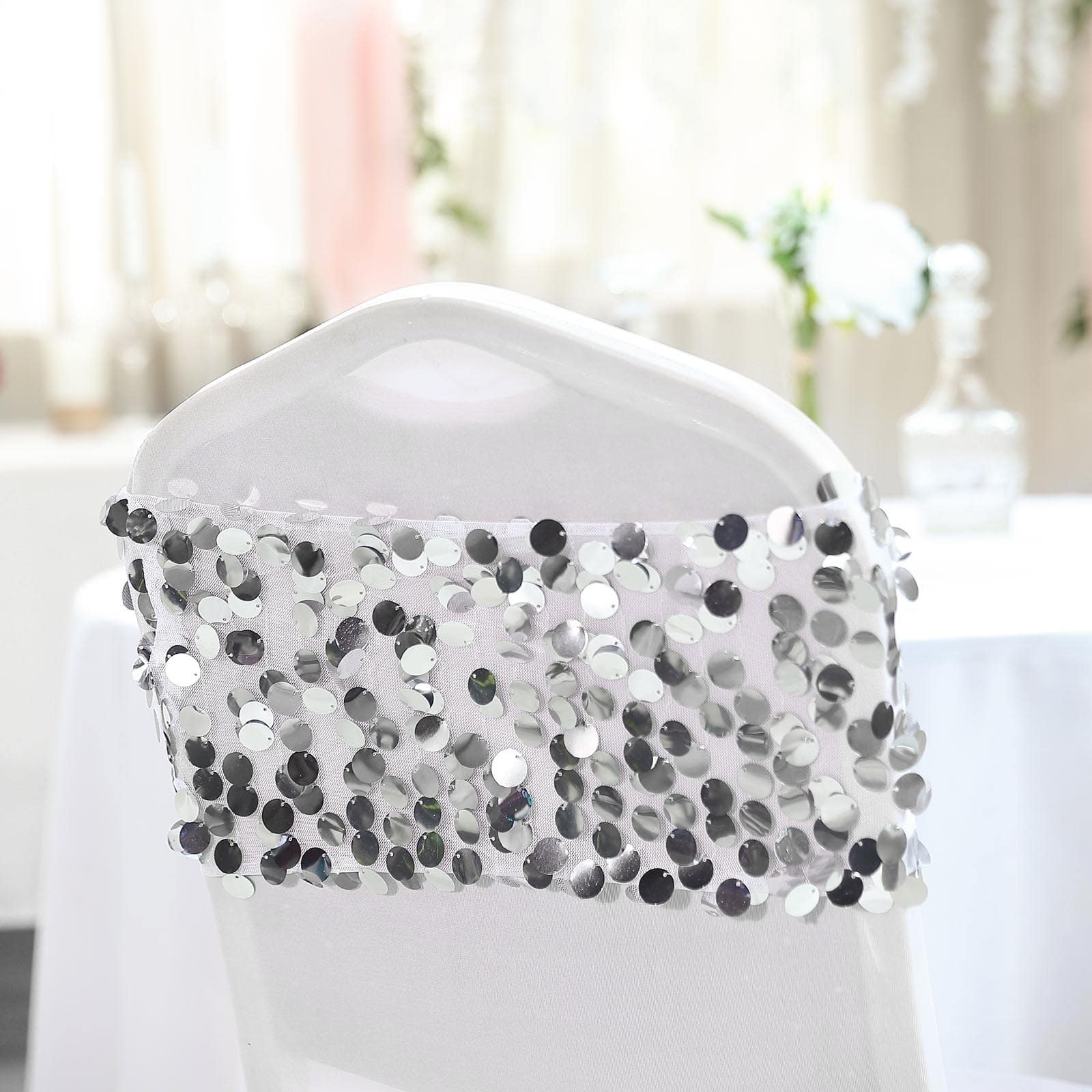 5 Pack Big Payette Sequin 13"x10" Chair Sash Bands Silver - Stylish Glittering Decor for Weddings & Gatherings