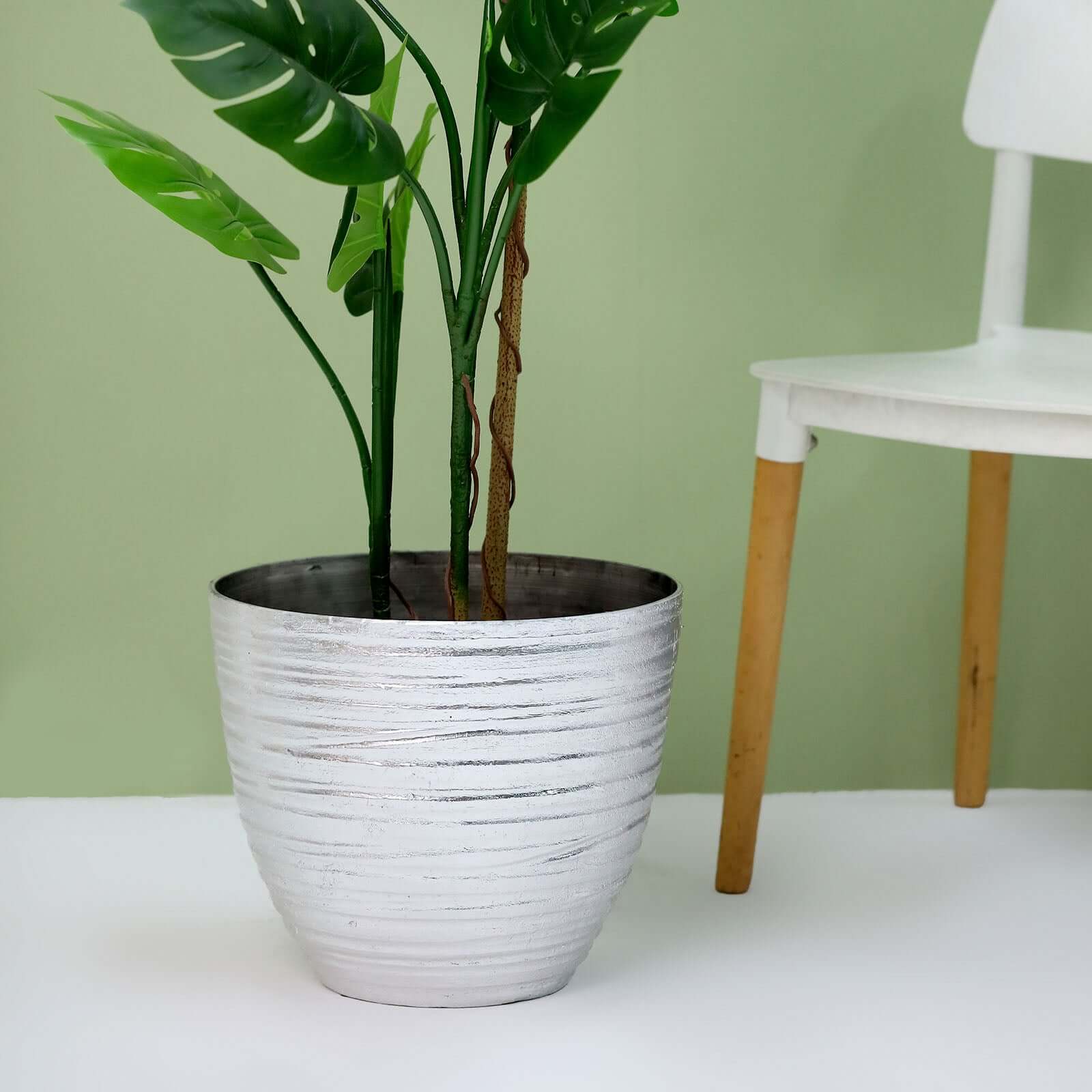 12" Metallic Silver Textured Finish Large Indoor Flower Plant Pot, Decorative Indoor Outdoor Planter