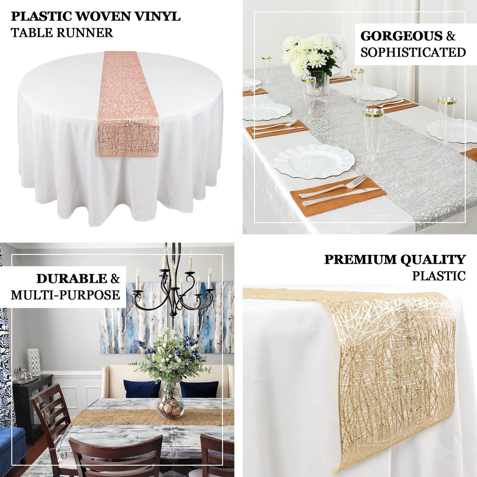 Plastic Woven Vinyl 13"x6ft Table Runner Metallic Silver - Non-Slip & Reversible Tabletop Decor