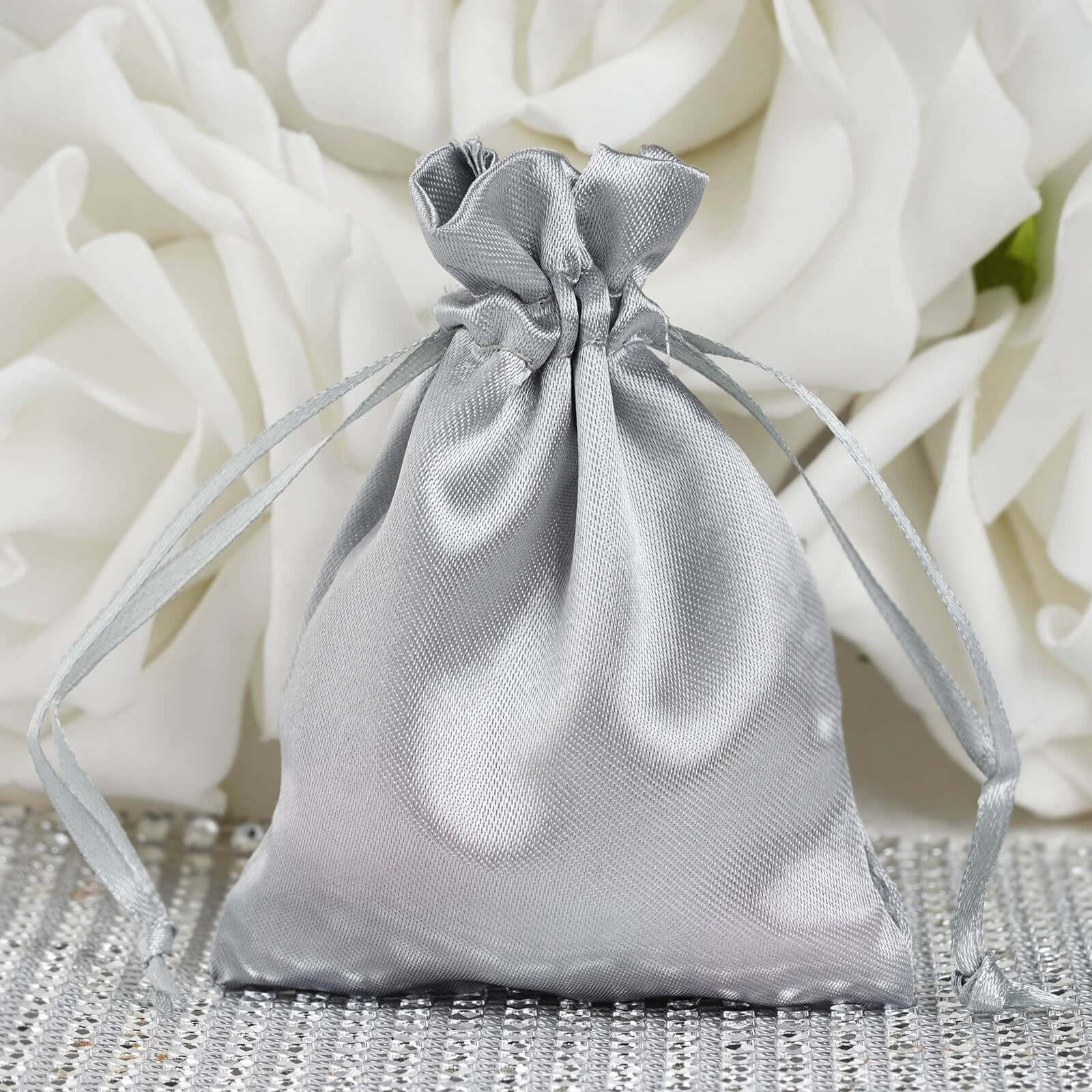 12 Pack 3" Silver Satin Drawstring Wedding Party Favor Gift Bags