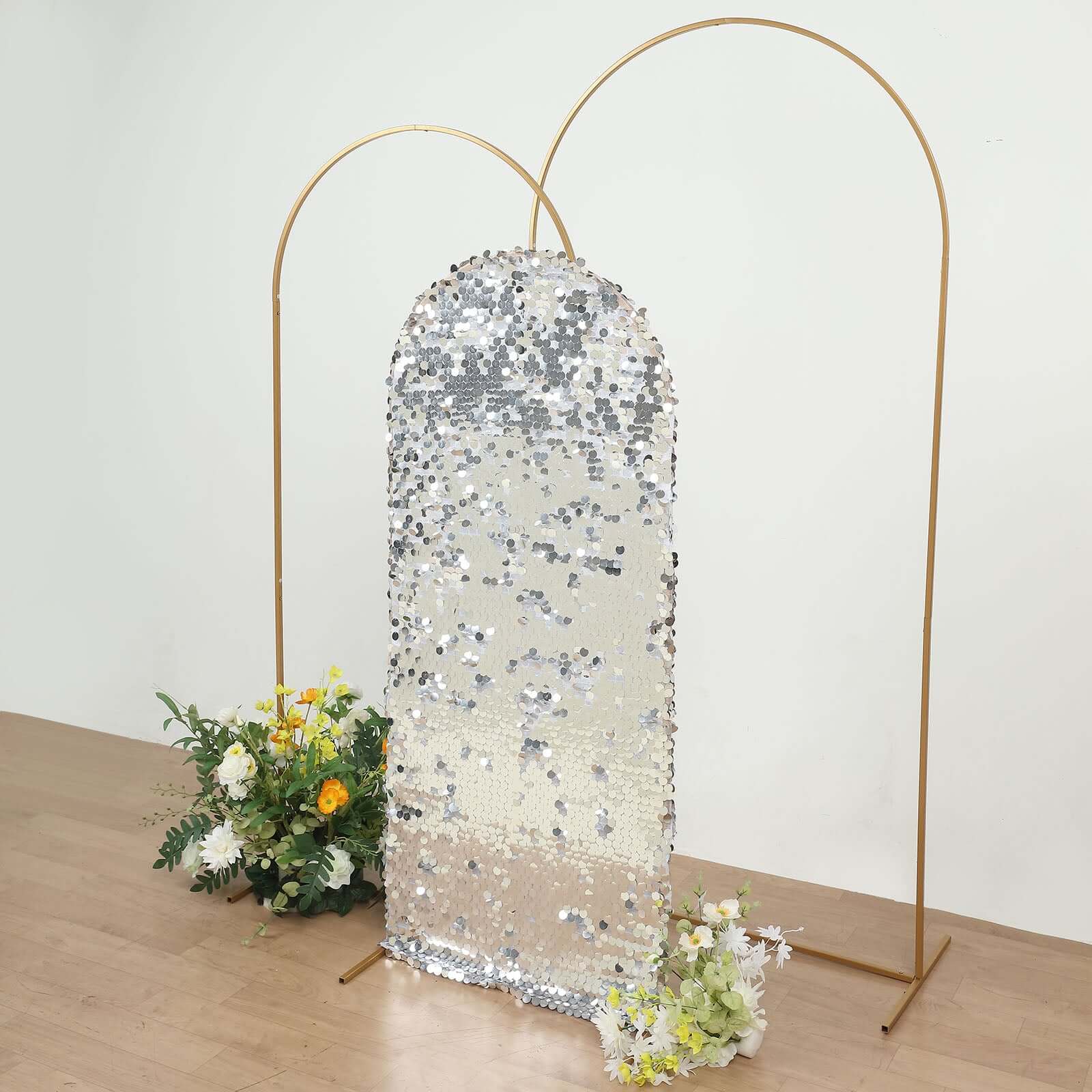 5ft Sparkly Silver Double Sided Big Payette Sequin Chiara Backdrop Stand Cover For Fitted Round Top Wedding Arch