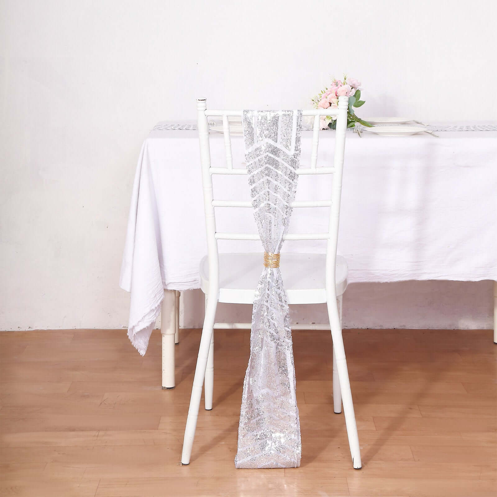 5 Pack Glitz Sequin Chair Sashes with Geometric Diamond Design 6"x88"Silver