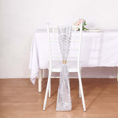 5 Pack Glitz Sequin Chair Sashes with Geometric Diamond Design 6"x88"Silver