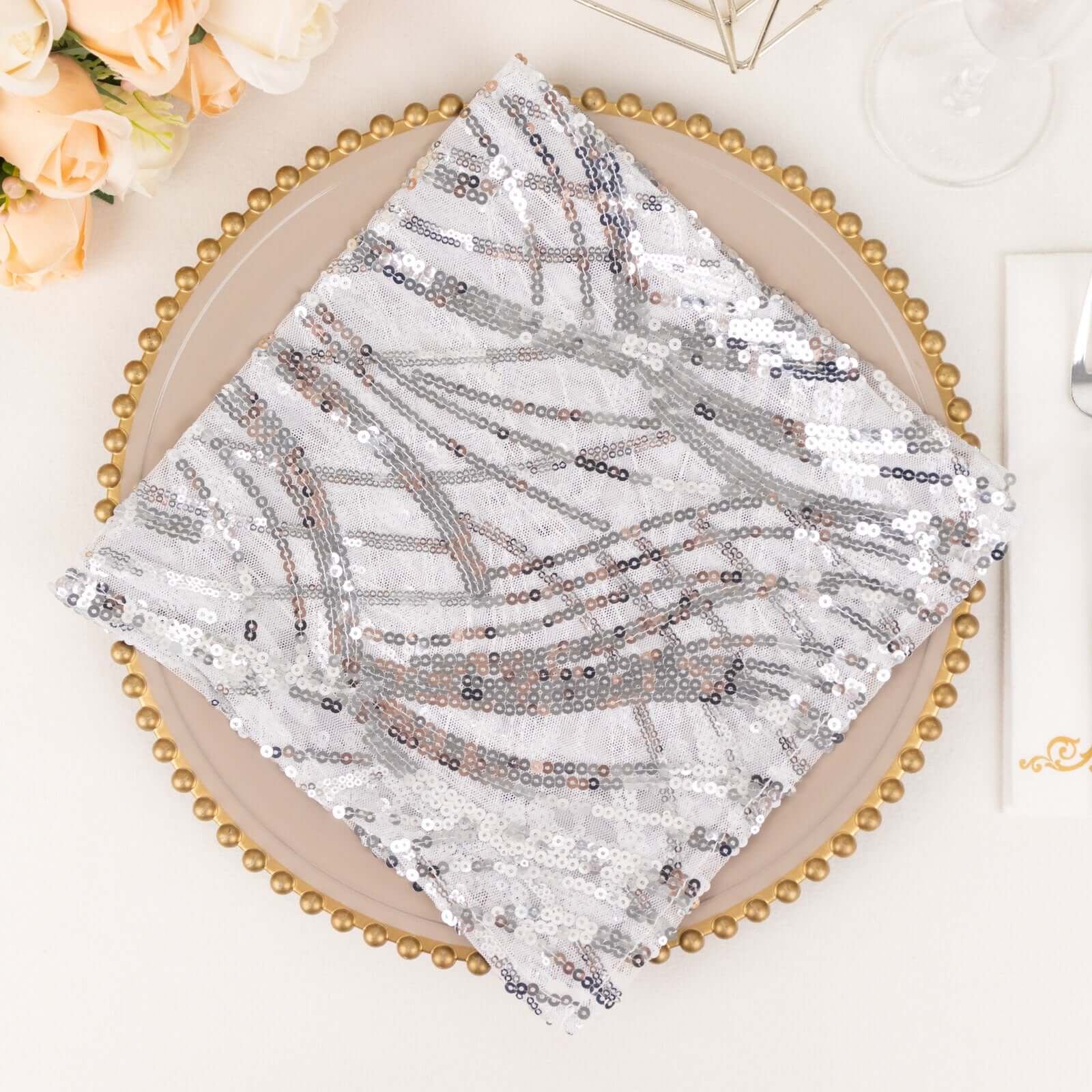 Sequin Mesh 20"x20" Napkin SIlver - Wave Embroidered Reusable Napkin