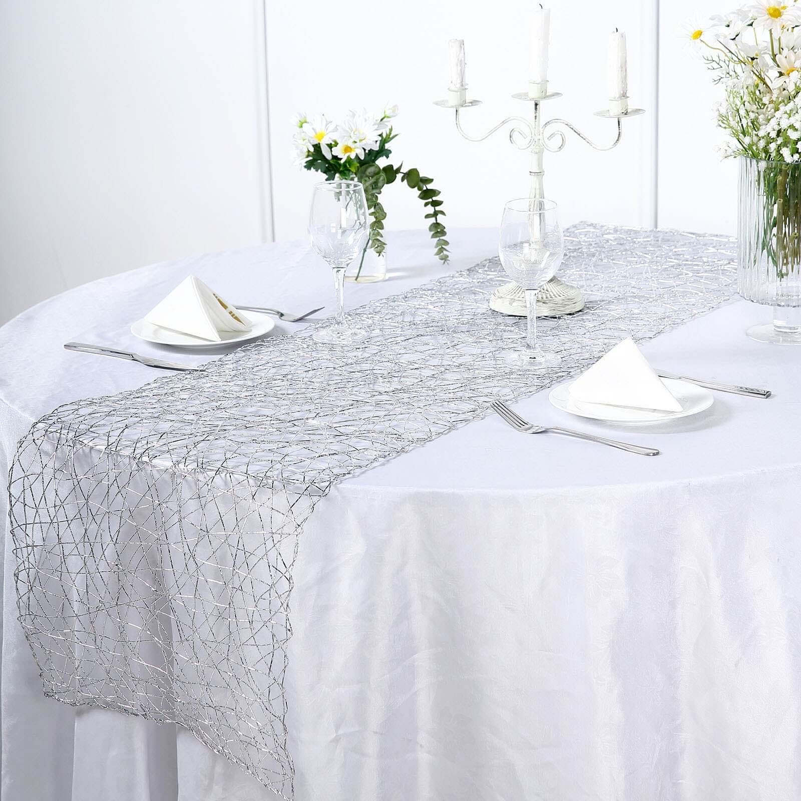 Metallic String Woven 16"x72" Table Runner Silver - Reversible Wire Nest Table Decor