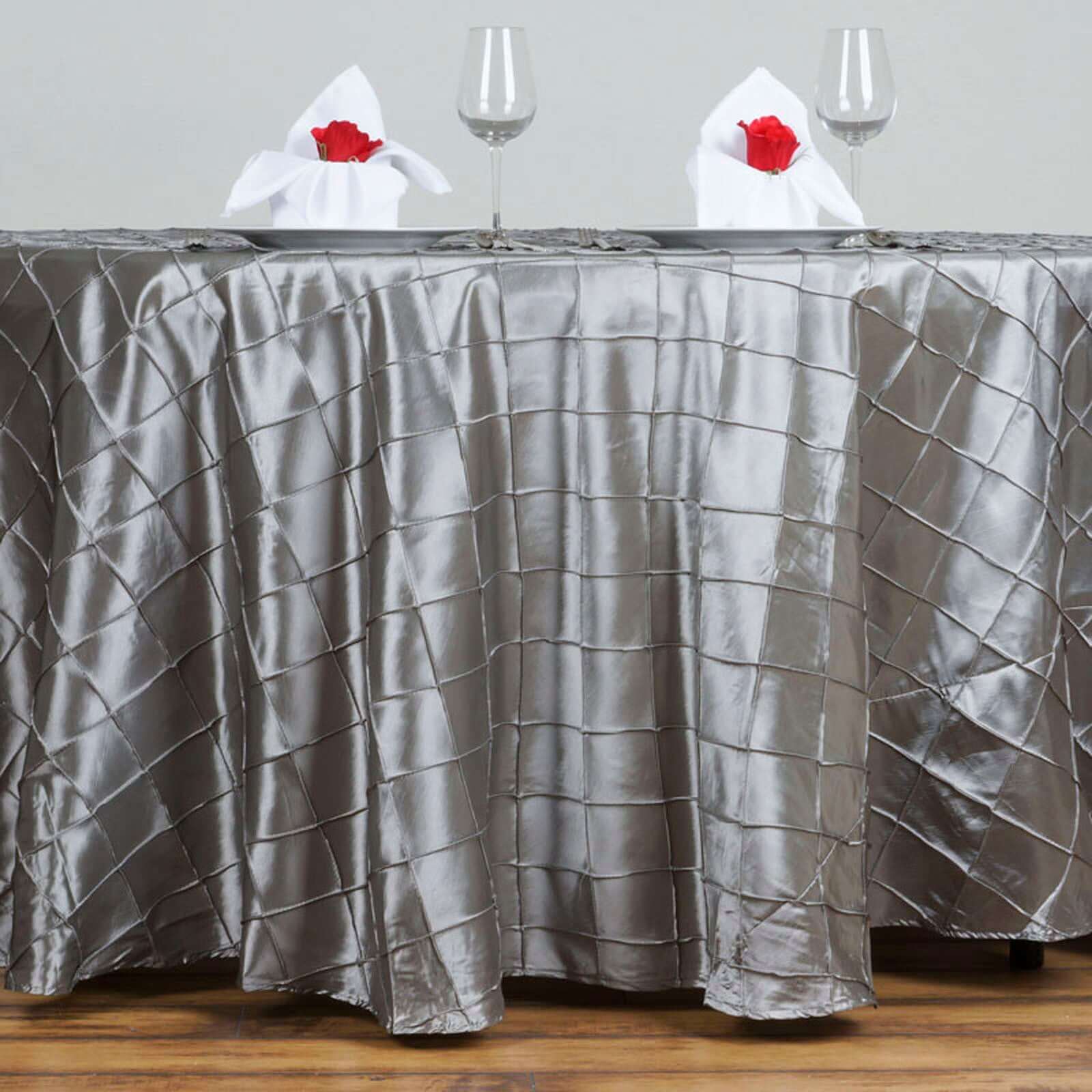 120" Silver Pintuck Round Seamless Tablecloth for 5 Foot Table With Floor-Length Drop