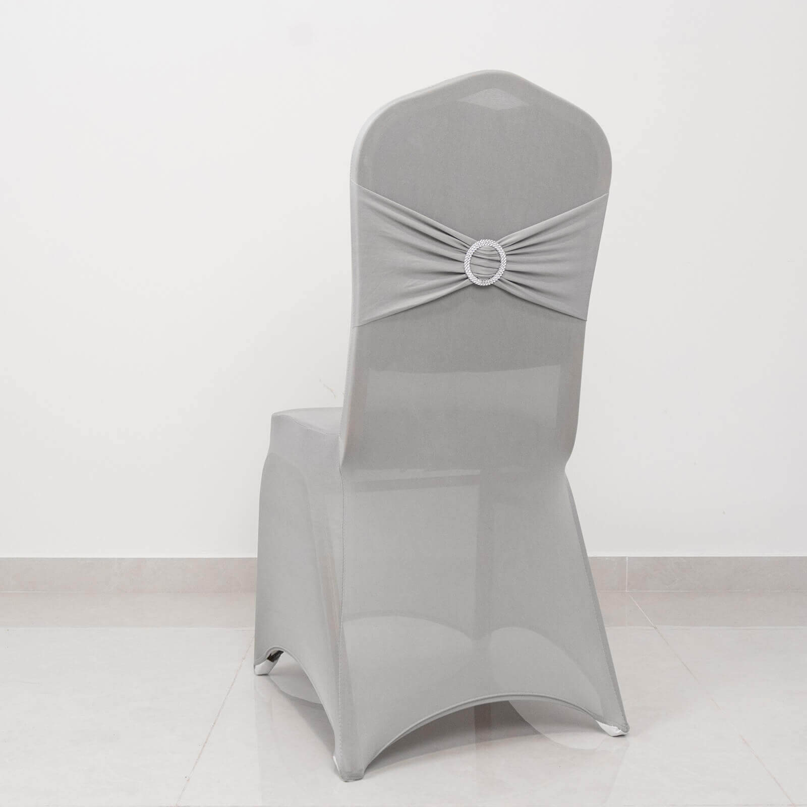 Spandex Chair Cover with Silver Rhinestone Buckled Sash Band Blush - Stretch Fitted Slipcover