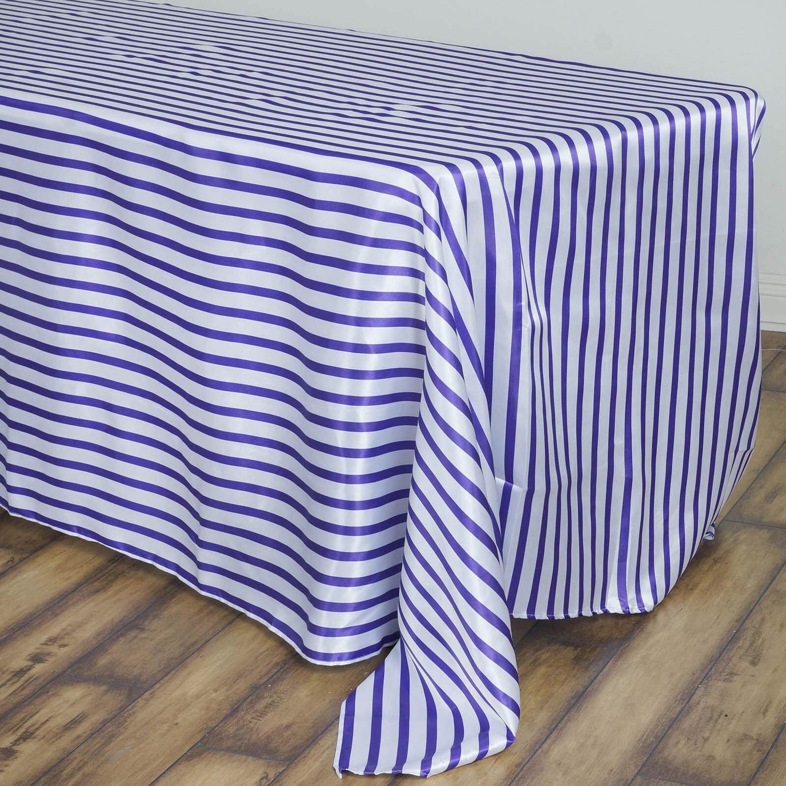 Satin 90"x132" Rectangle Tablecloth White/Purple - Stripe Design with Seamless Smooth Finish Table Cover